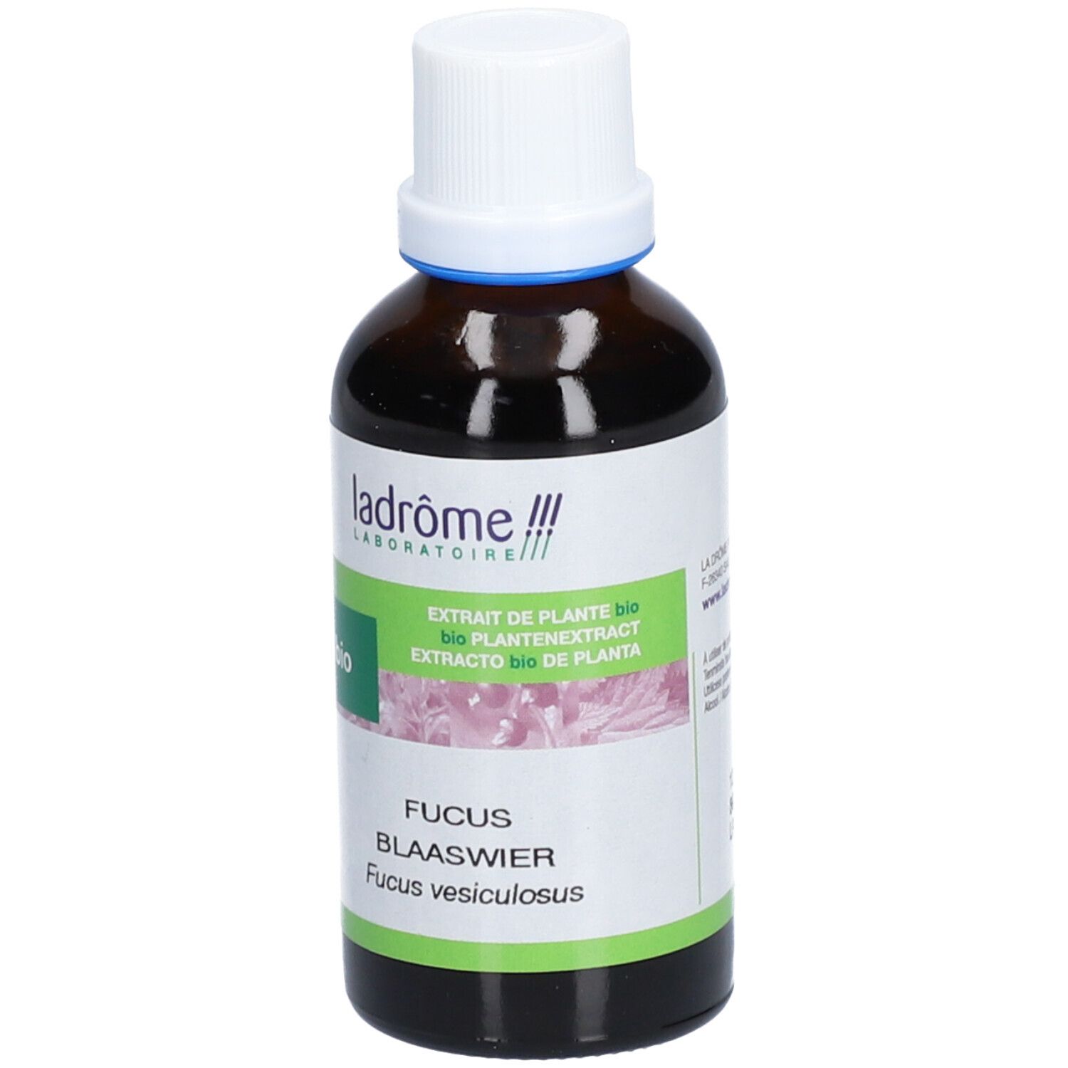 Flacon en verre brun avec bouchon blanc et étiquette verte. Inscription : ladrôme, Fucus Blaaswier, bio.