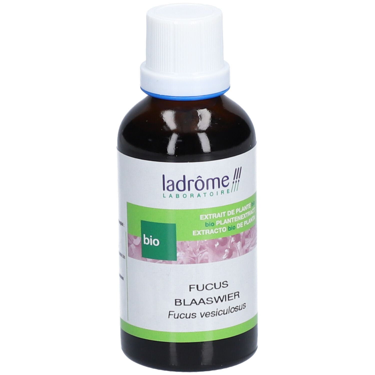 Flacon en verre brun avec bouchon blanc et étiquette verte. Inscription : ladrôme, Fucus Blaaswier, bio.