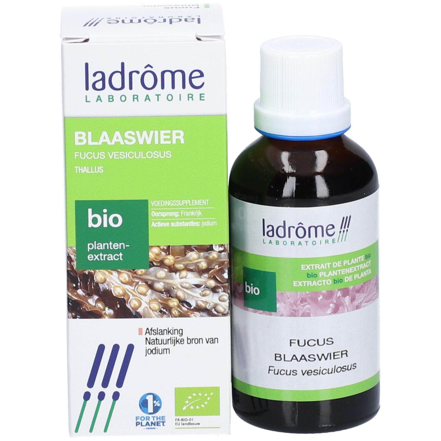 Flacon en verre brun avec bouchon blanc et étiquette verte. Boîte avec informations produit. Inscription : ladrôme Fucus Blaaswier.
