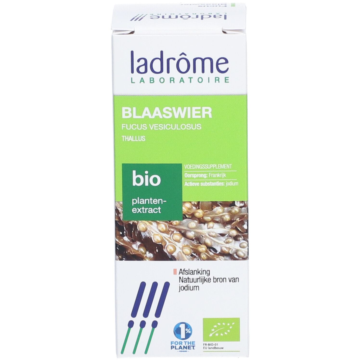 Boîte blanche avec éléments verts. Inscription : ladrôme Blaaswier, bio, extrait végétal. Avec logo 1% for the planet.