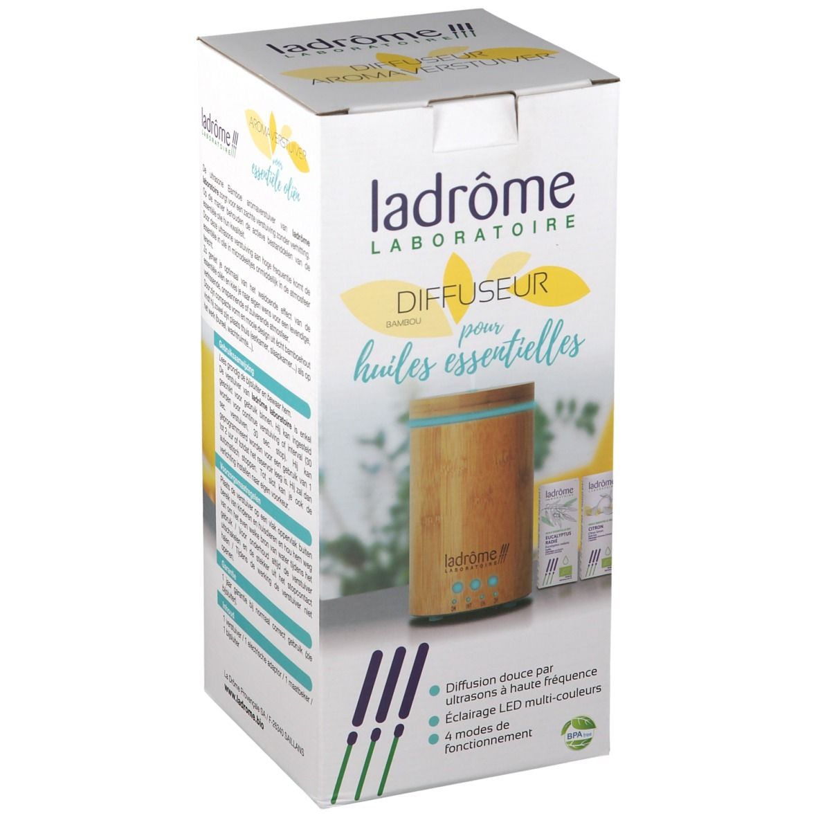 Boîte avec visuel du diffuseur. Inscription : Ladrôme Diffuseur pour huiles essentielles. Diffuseur bambou visible.