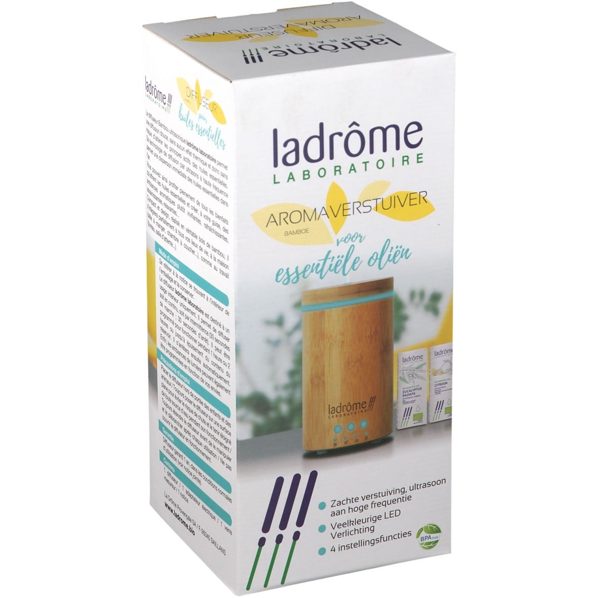Boîte avec visuel du diffuseur. Inscription : Ladrôme Aromaverstuiver voor essentiële oliën. Diffuseur bambou visible.