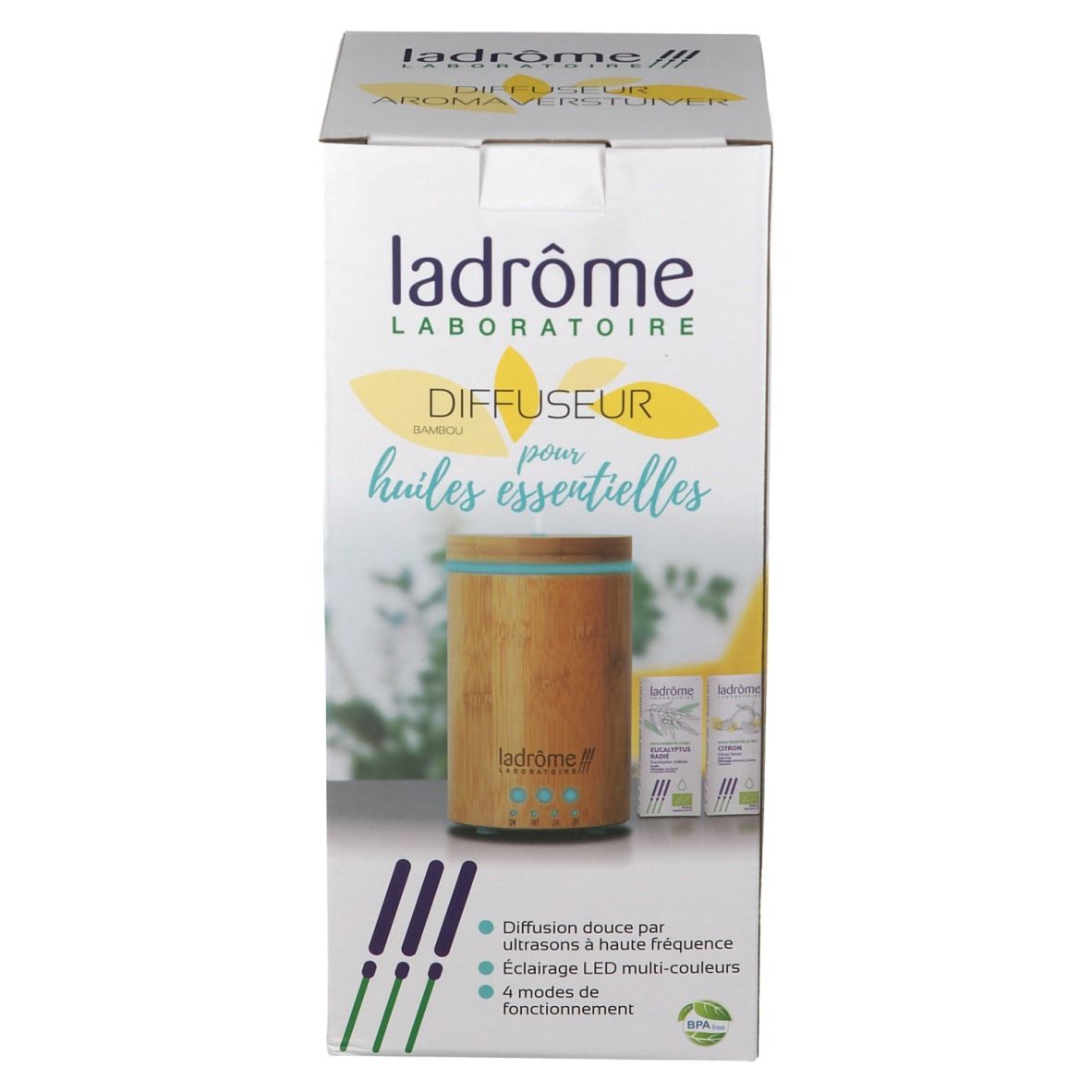 Boîte avec visuel du diffuseur. Inscription : Ladrôme Diffuseur pour huiles essentielles. Diffuseur bambou visible.