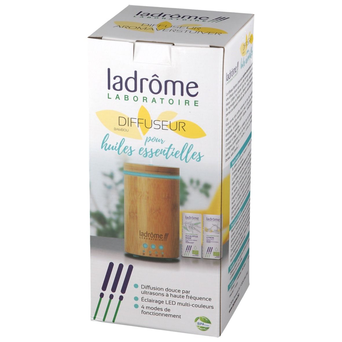 Boîte avec visuel du diffuseur. Inscription : Ladrôme Diffuseur pour huiles essentielles. Diffuseur bambou visible.