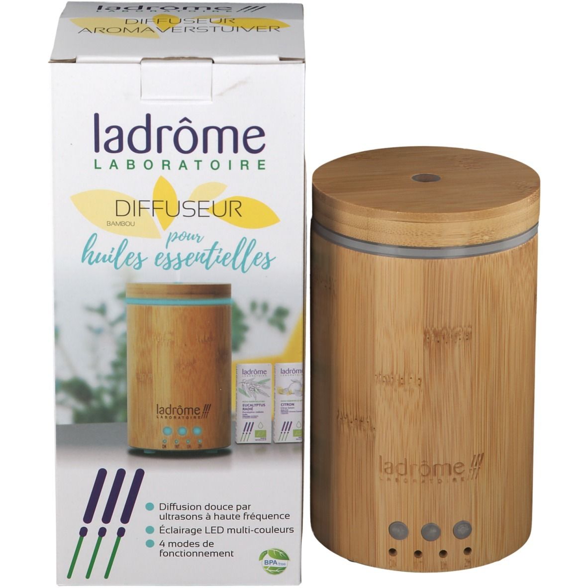 Produit et emballage côte à côte. Diffuseur bambou et boîte. Inscription : Ladrôme Diffuseur pour huiles essentielles.