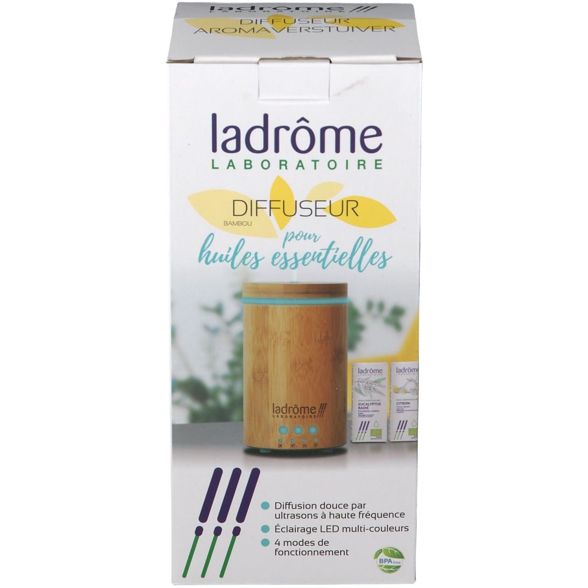 Boîte avec visuel du diffuseur. Inscription : Ladrôme Diffuseur pour huiles essentielles. Diffuseur bambou visible.