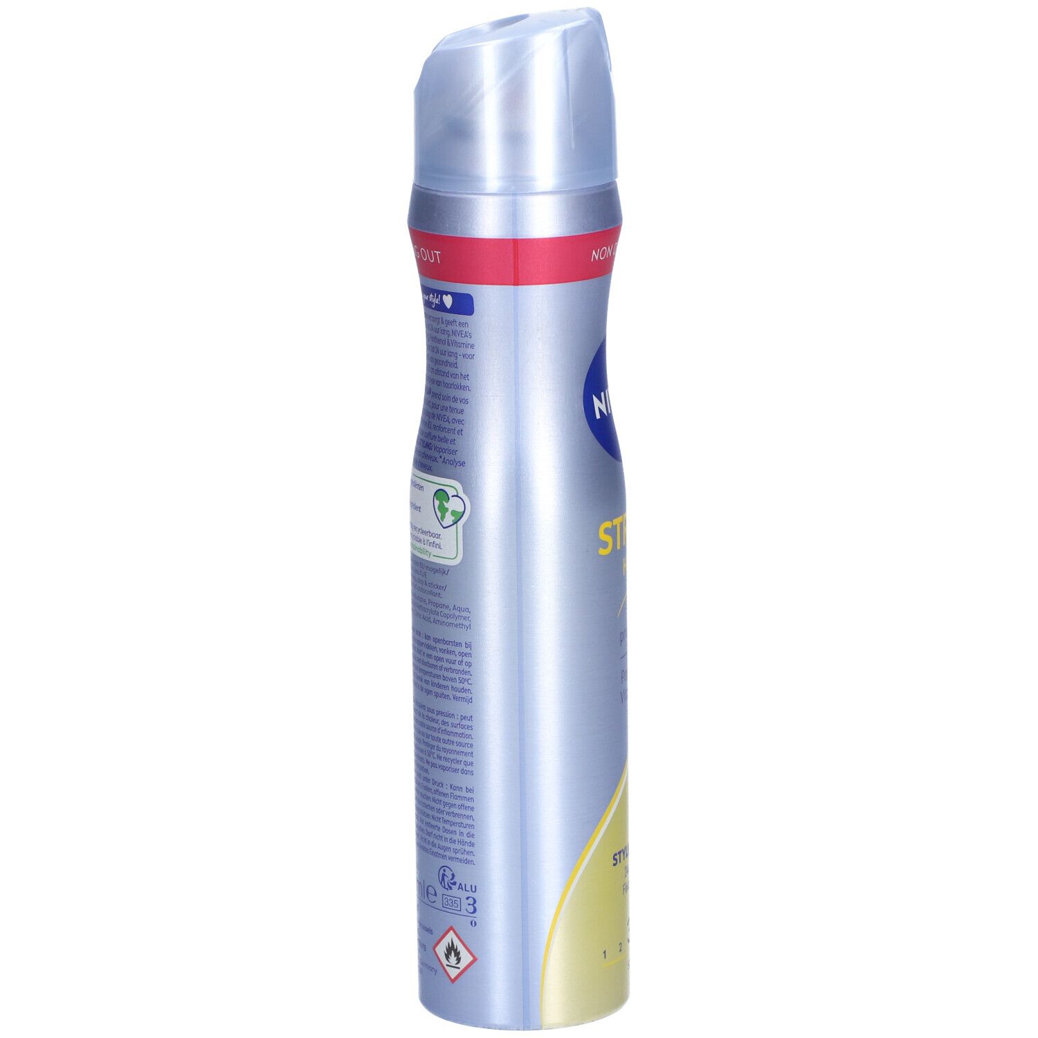 Spray NIVEA STRONG Hold, vue latérale. Bouteille argentée avec logo bleu. Avec éco-label vert et texte. Non desséchant.