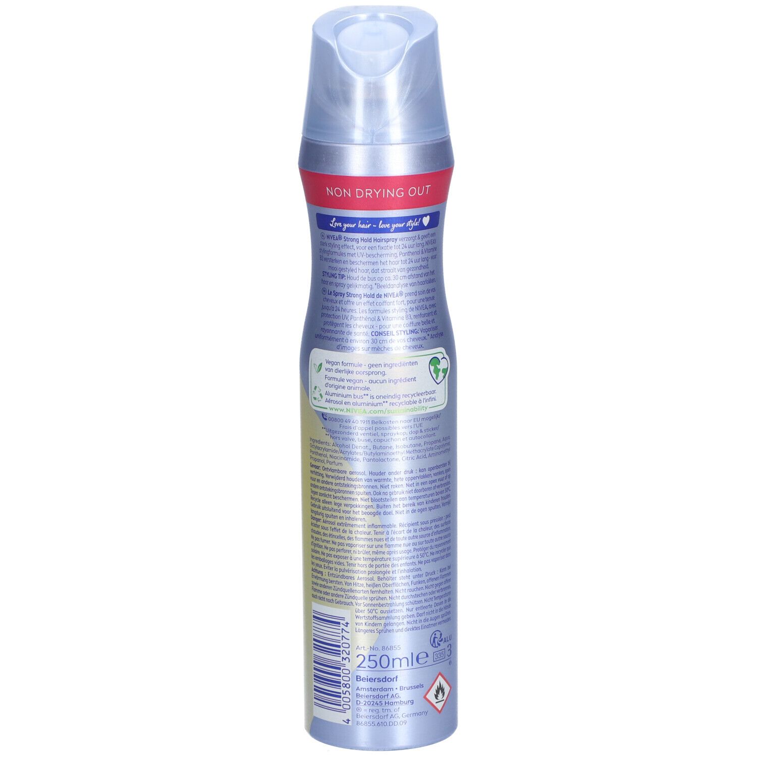 Spray NIVEA STRONG Hold. Vue arrière du flacon argenté. Texte et éco-label vert. 250 ml.