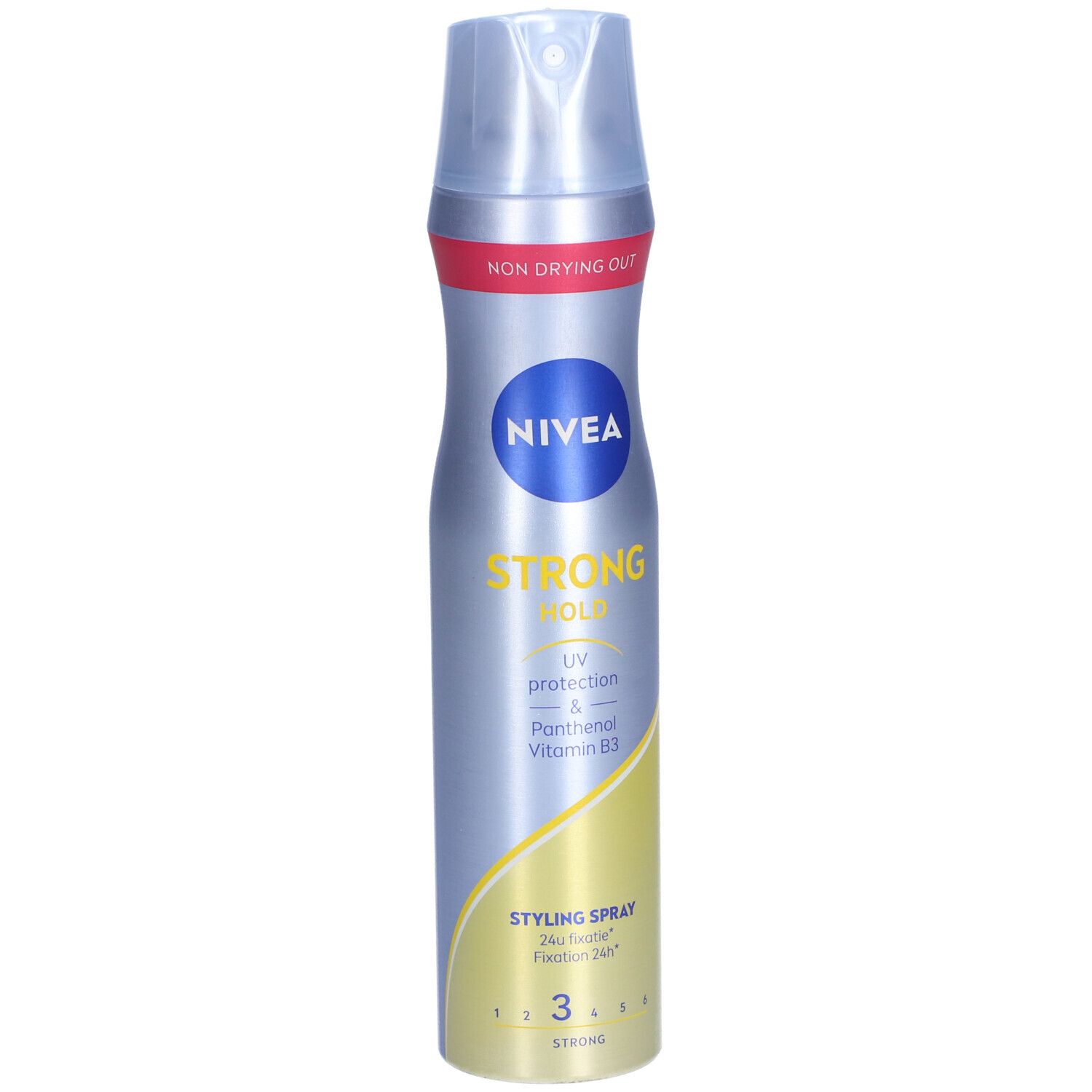 Spray coiffant NIVEA STRONG Hold. Bouteille argentée avec logo bleu et zone jaune. Protection UV et panthénol.