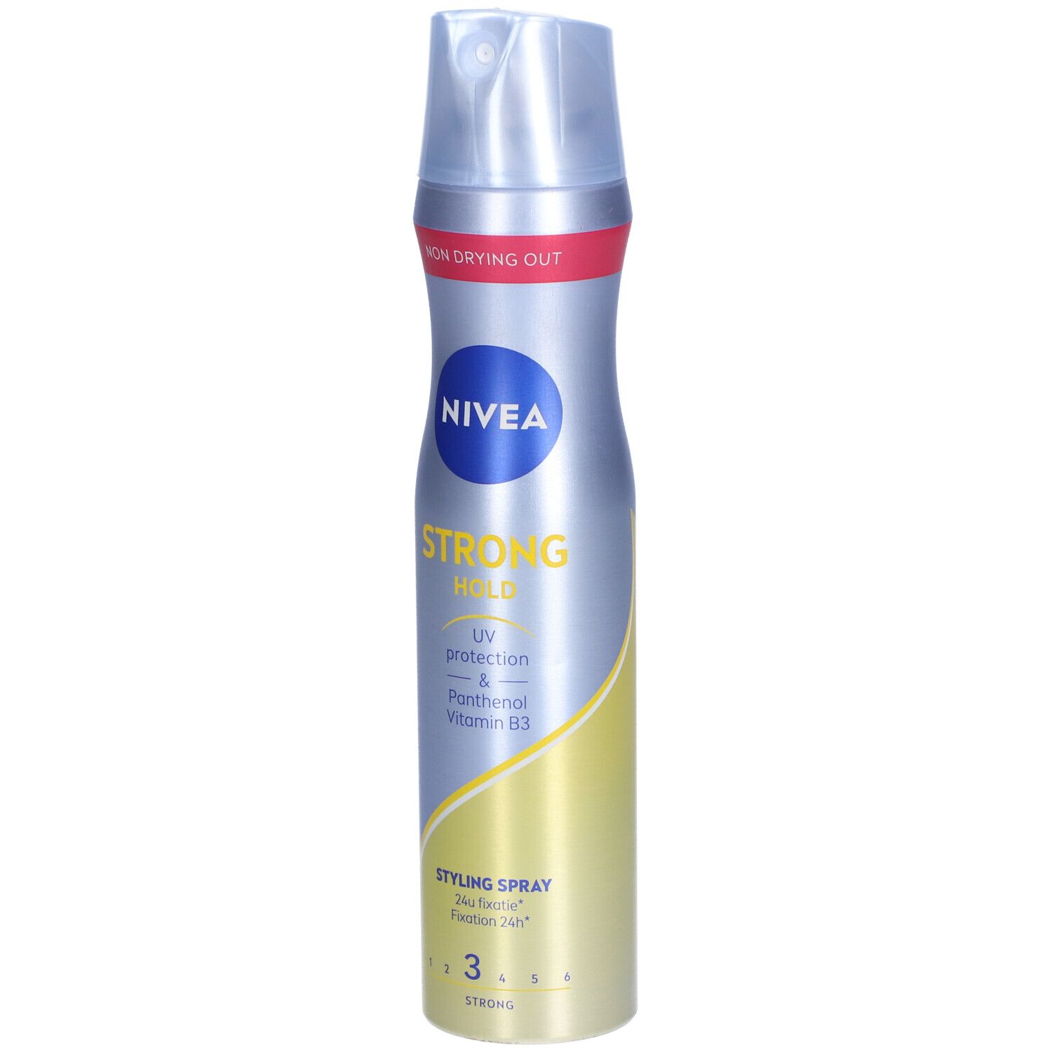 Spray coiffant NIVEA STRONG Hold. Bouteille argentée avec logo bleu et zone jaune. Protection UV et panthénol.