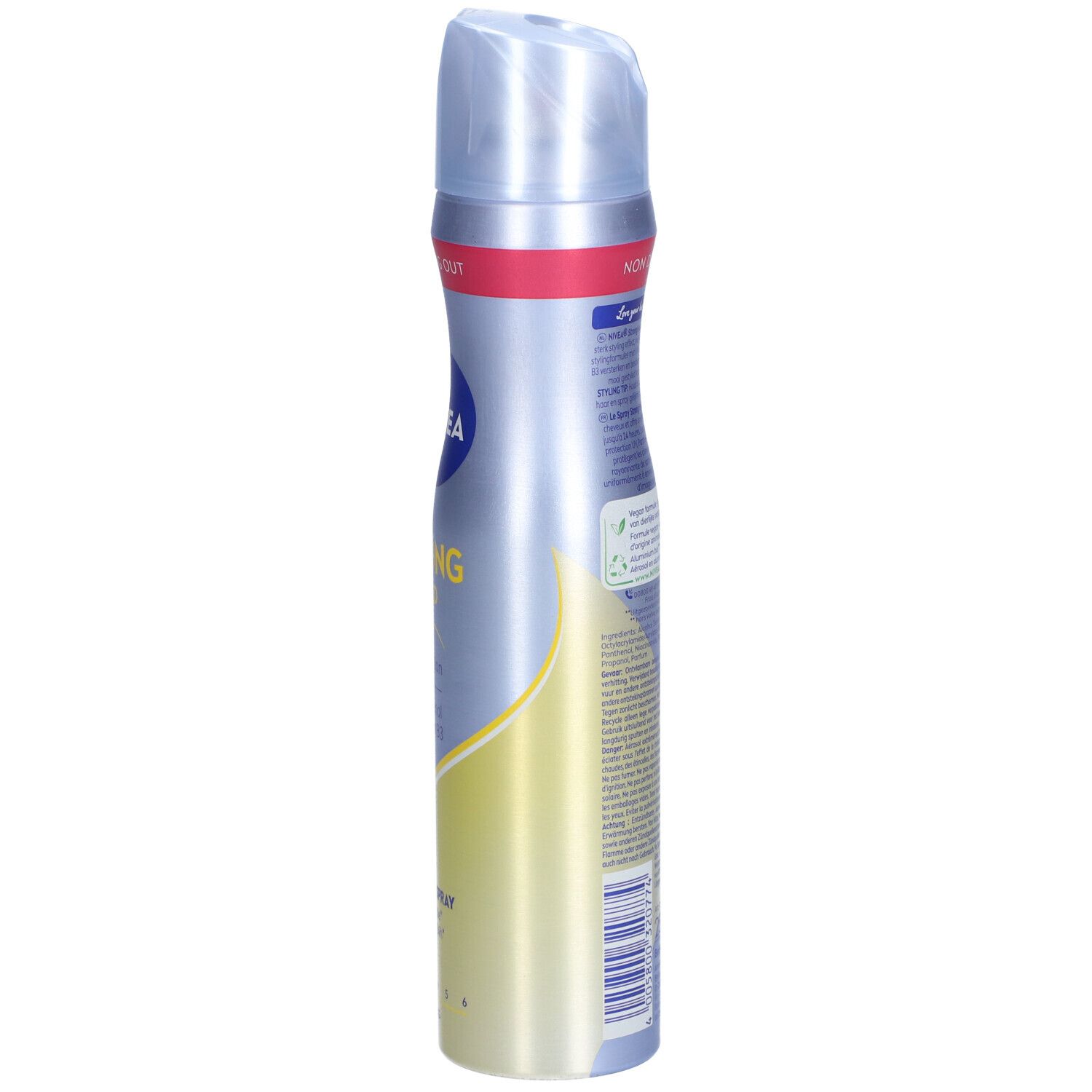 Spray NIVEA STRONG Hold, vue latérale. Bouteille argentée avec logo bleu. Avec éco-label vert et texte. Non desséchant.