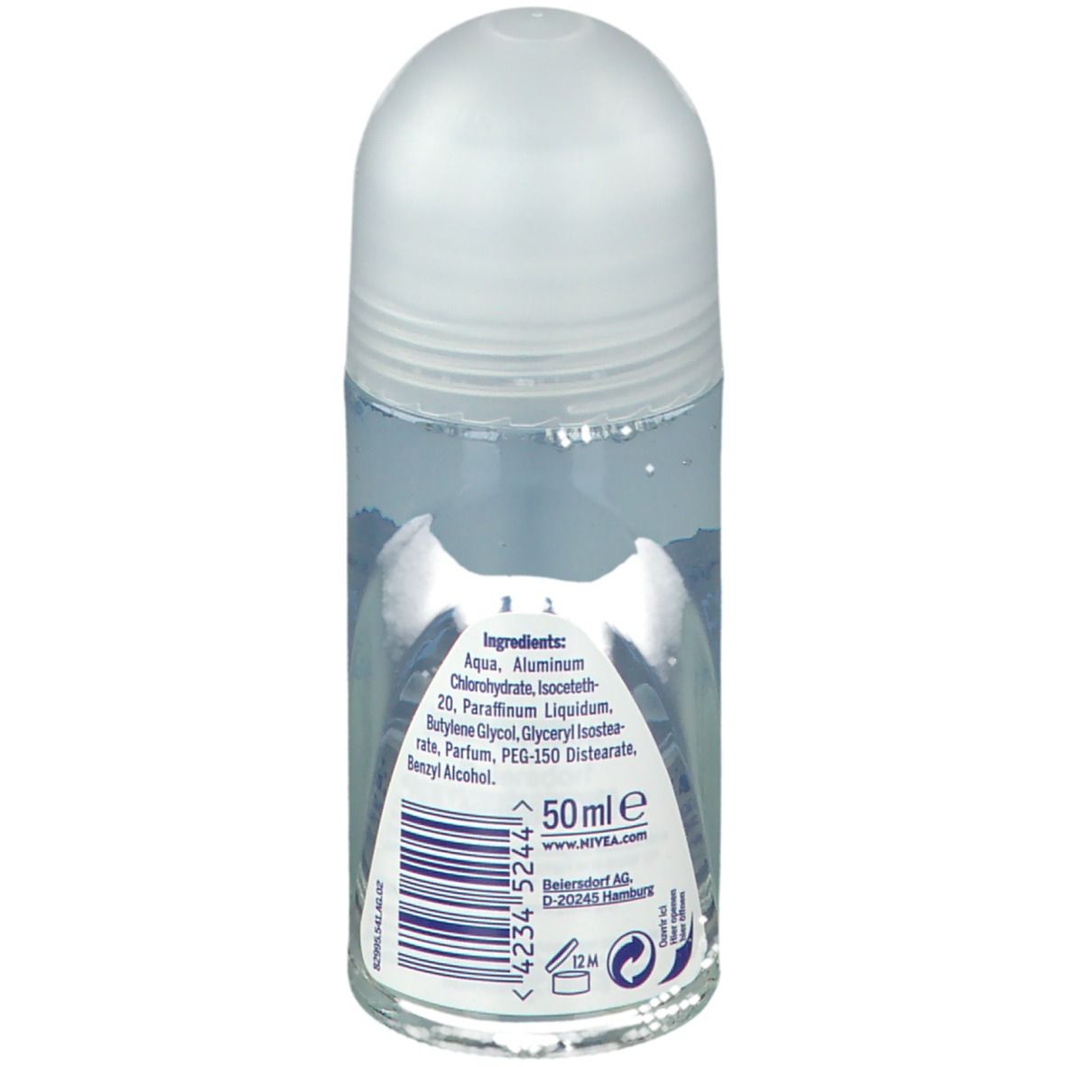 Rückseite des NIVEA® Pure Invisible Roll-On. Enthält Inhaltsstoffe und Barcode. 50 ml. Glasflasche mit weißem Deckel.