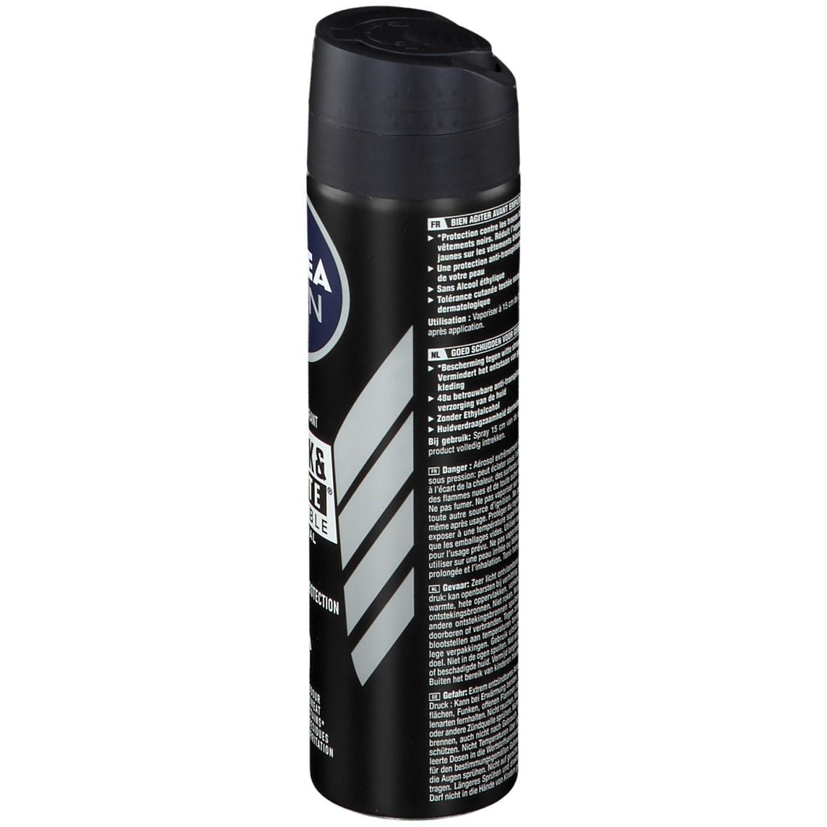 NIVEA MEN Invisible Black & White spray. Zwarte bus met tekst. Zijaanzicht.