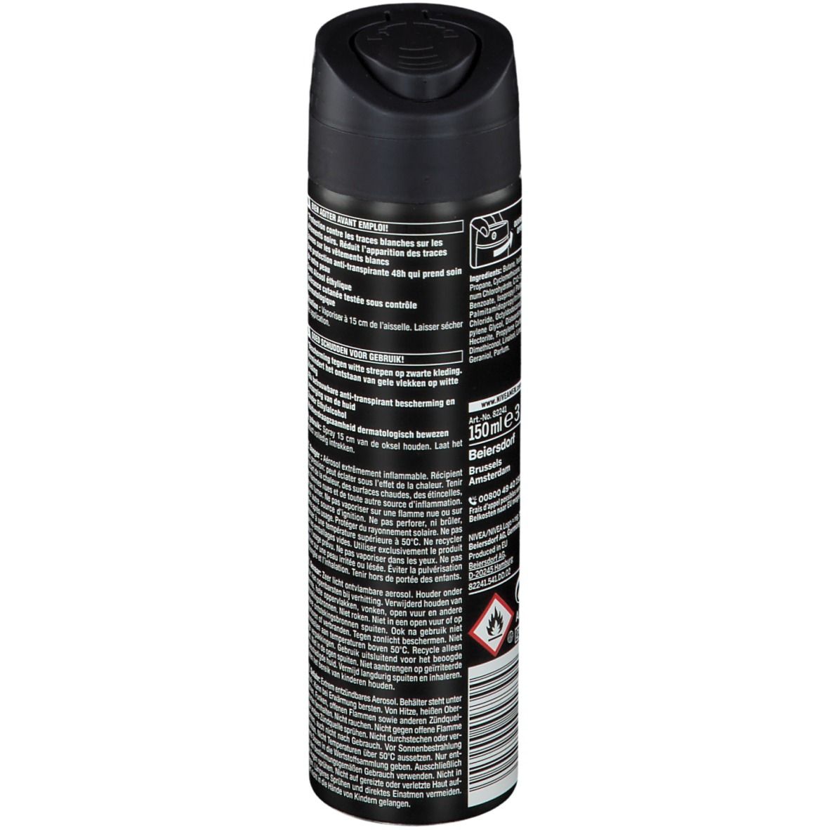 NIVEA MEN Invisible Black & White spray. Achterkant met tekst en waarschuwingen. 150ml.