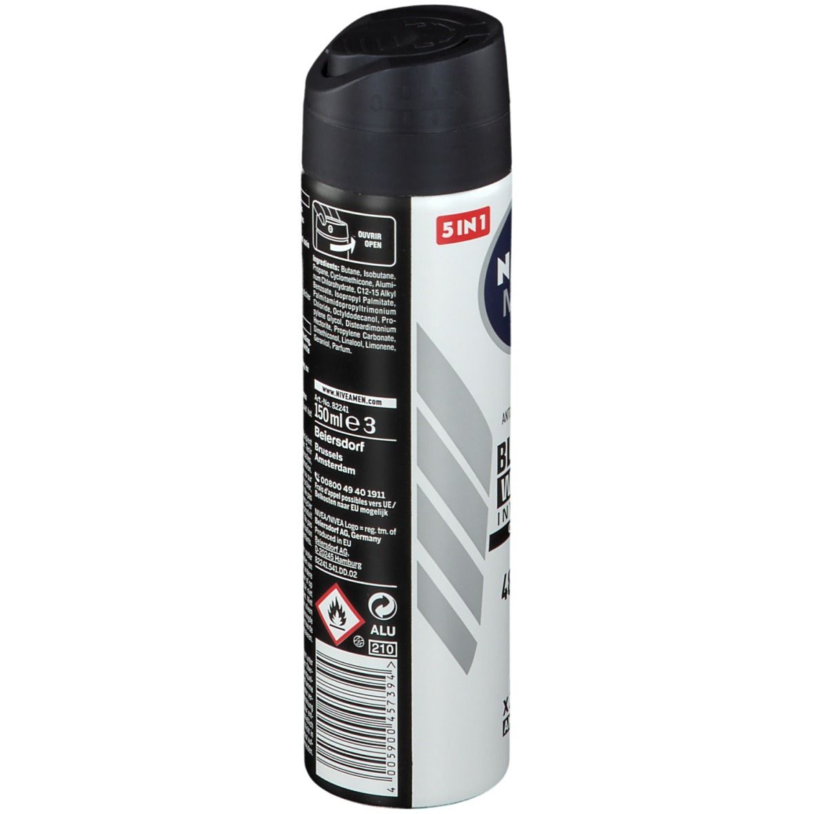 NIVEA MEN Invisible Black & White spray. Zwarte bus met tekst. Zijaanzicht. 150ml.