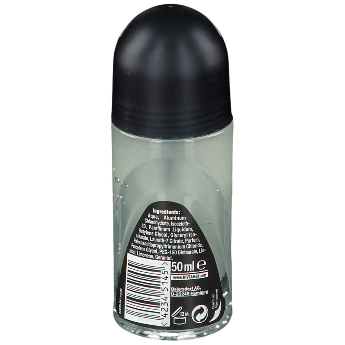 Deo roller, achterkant. Opschrift: ingrediënten, 50 ml, NIVEA logo, houdbaarheid.