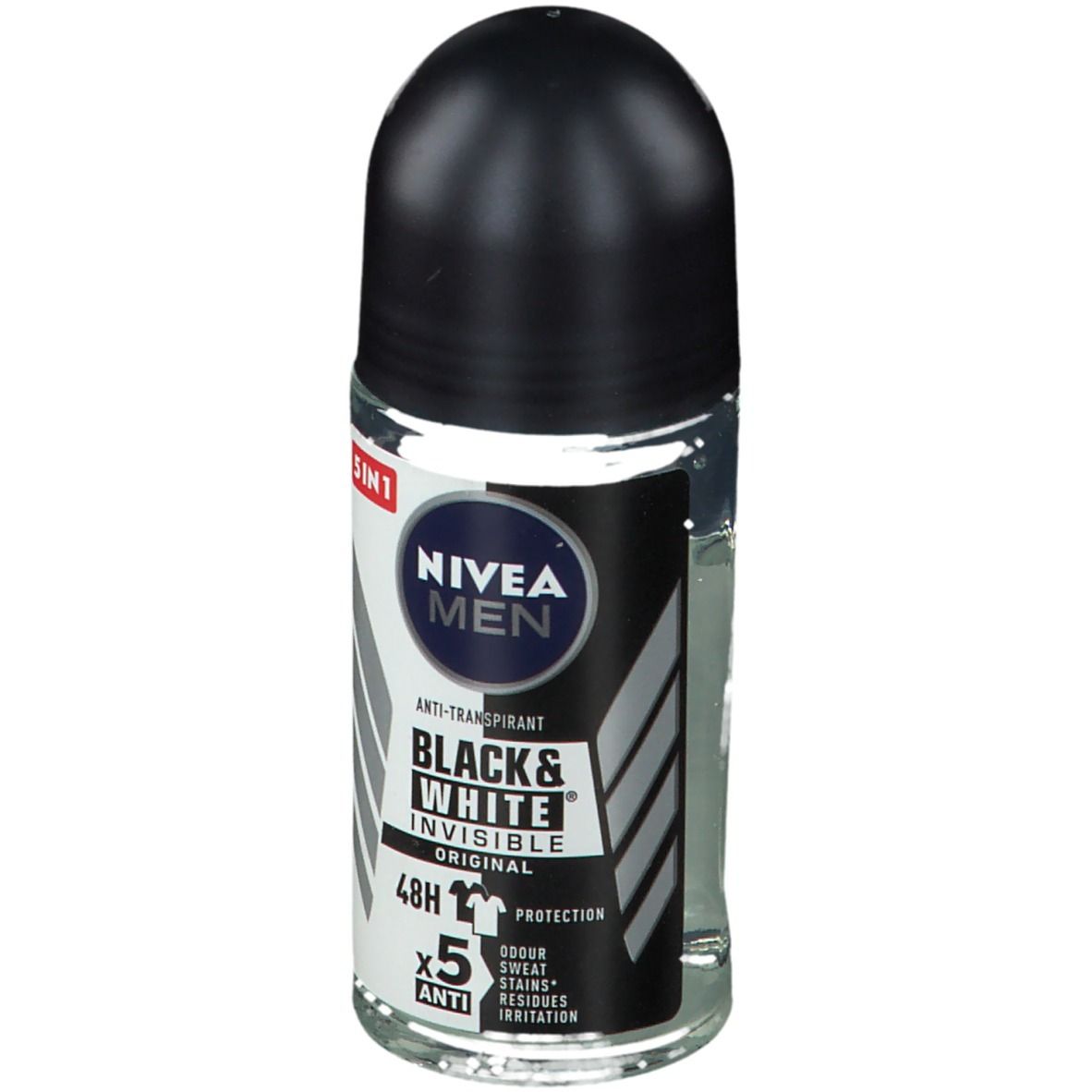 Deo roller met zwarte dop. Opschrift: NIVEA MEN, Black & White Invisible, 48u bescherming, 5 in 1 Anti.