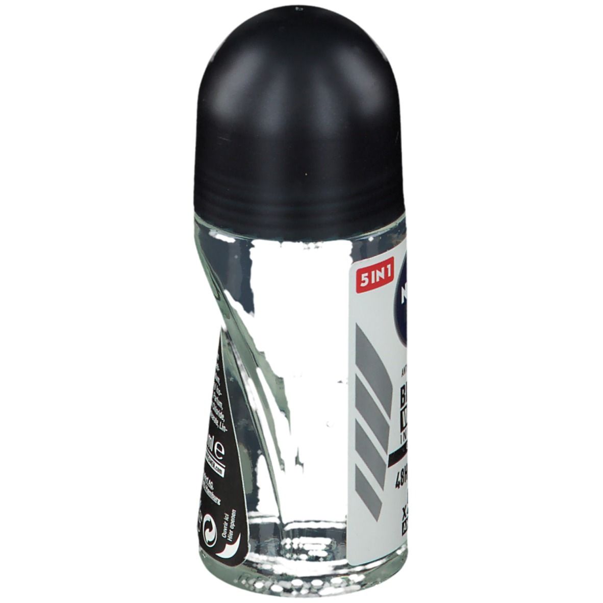 Deo roller, transparante fles met zwarte dop. Etiket met ingrediënten en logo.