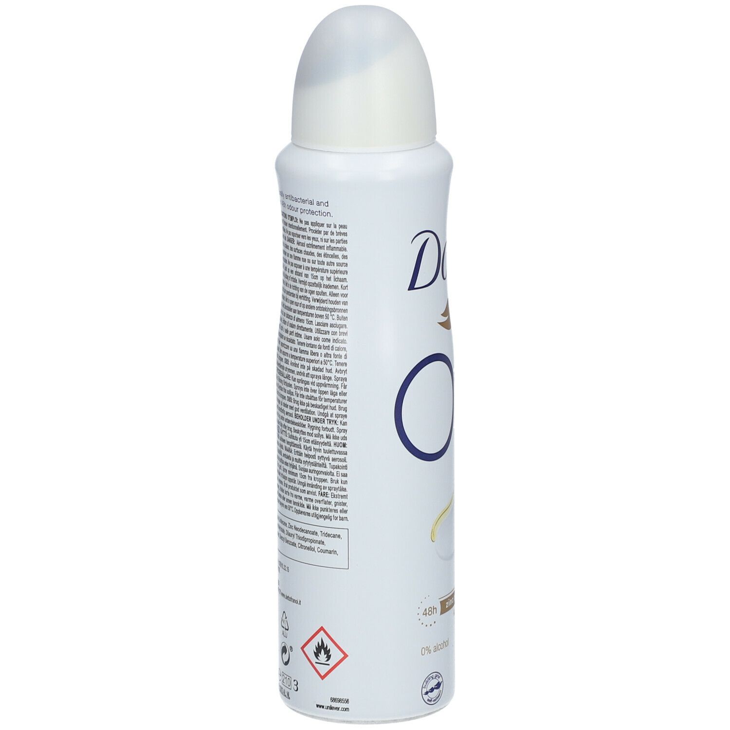Achterkant Dove deodorant spray. Tekst met ingrediënten en waarschuwingen. Witte houder met witte sproeikop.
