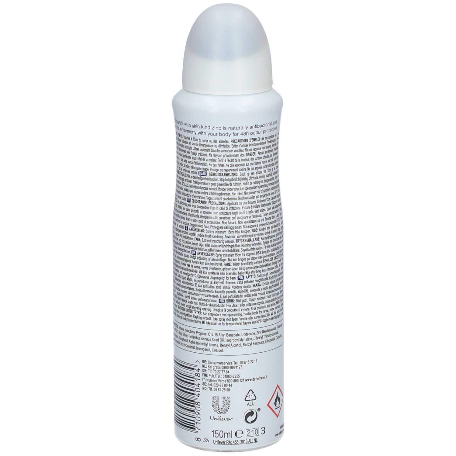 Achterkant Dove deodorant spray. Tekst met ingrediënten en waarschuwingen. 150 ml. Unilever logo. Gevarensymbolen.