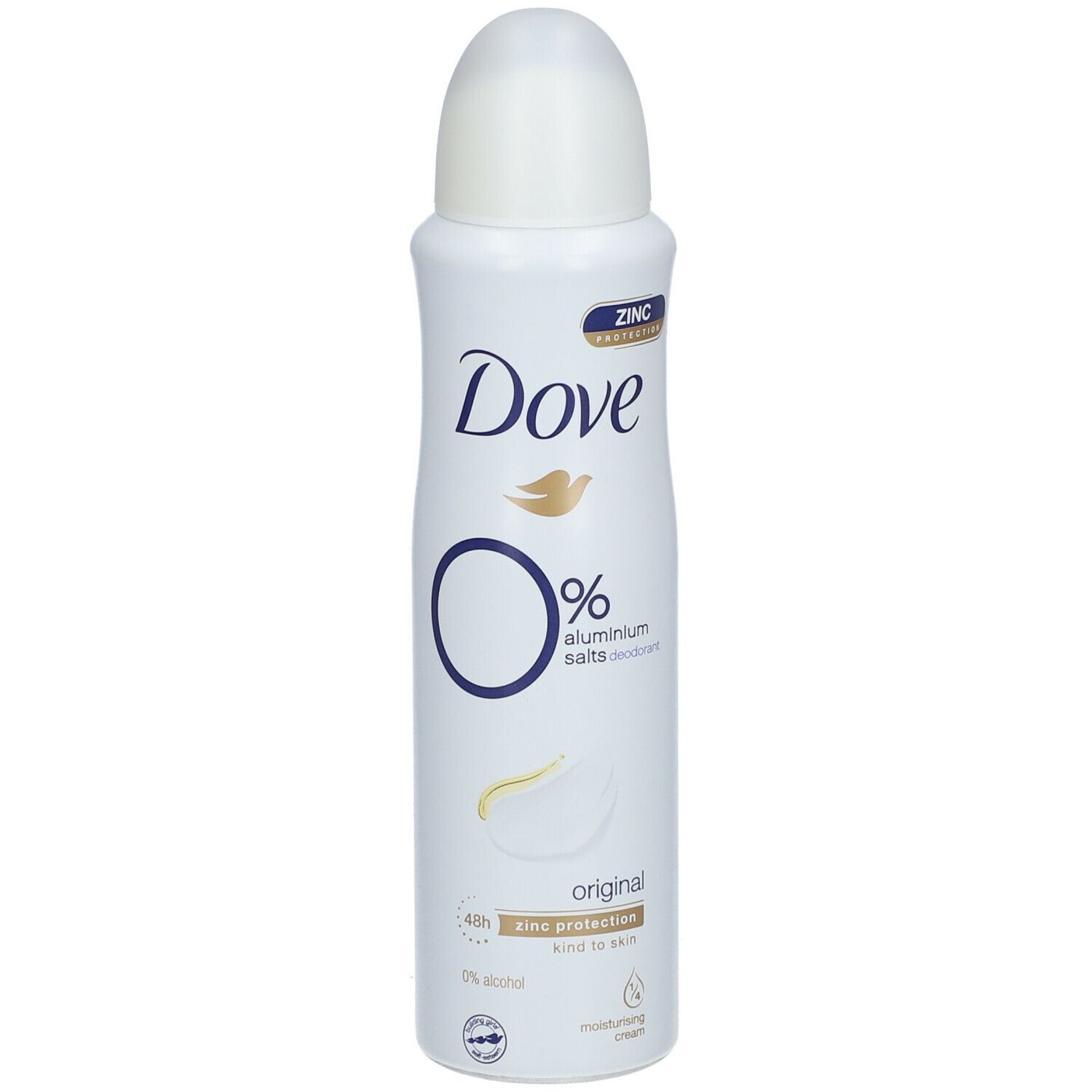 Vooraanzicht Dove deodorant spray. Witte houder met witte sproeikop. 0% aluminiumzouten. Original. Zinkbescherming.