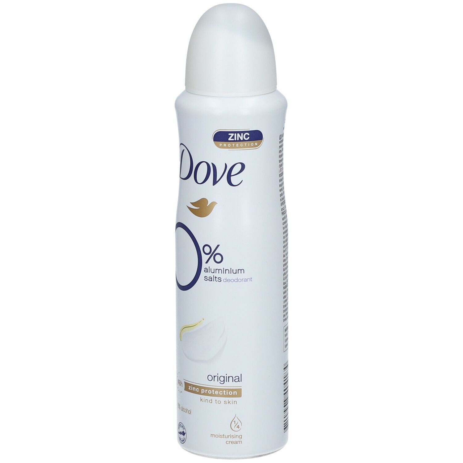 Vooraanzicht Dove deodorant spray. Witte houder met witte sproeikop. 0% aluminiumzouten. Original. Zinkbescherming.