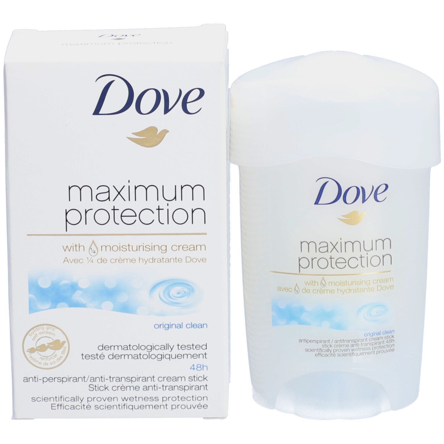 Produktverpackung und Deostick. Verpackung: Dove, maximum protection. Stick: Dove, maximum protection.