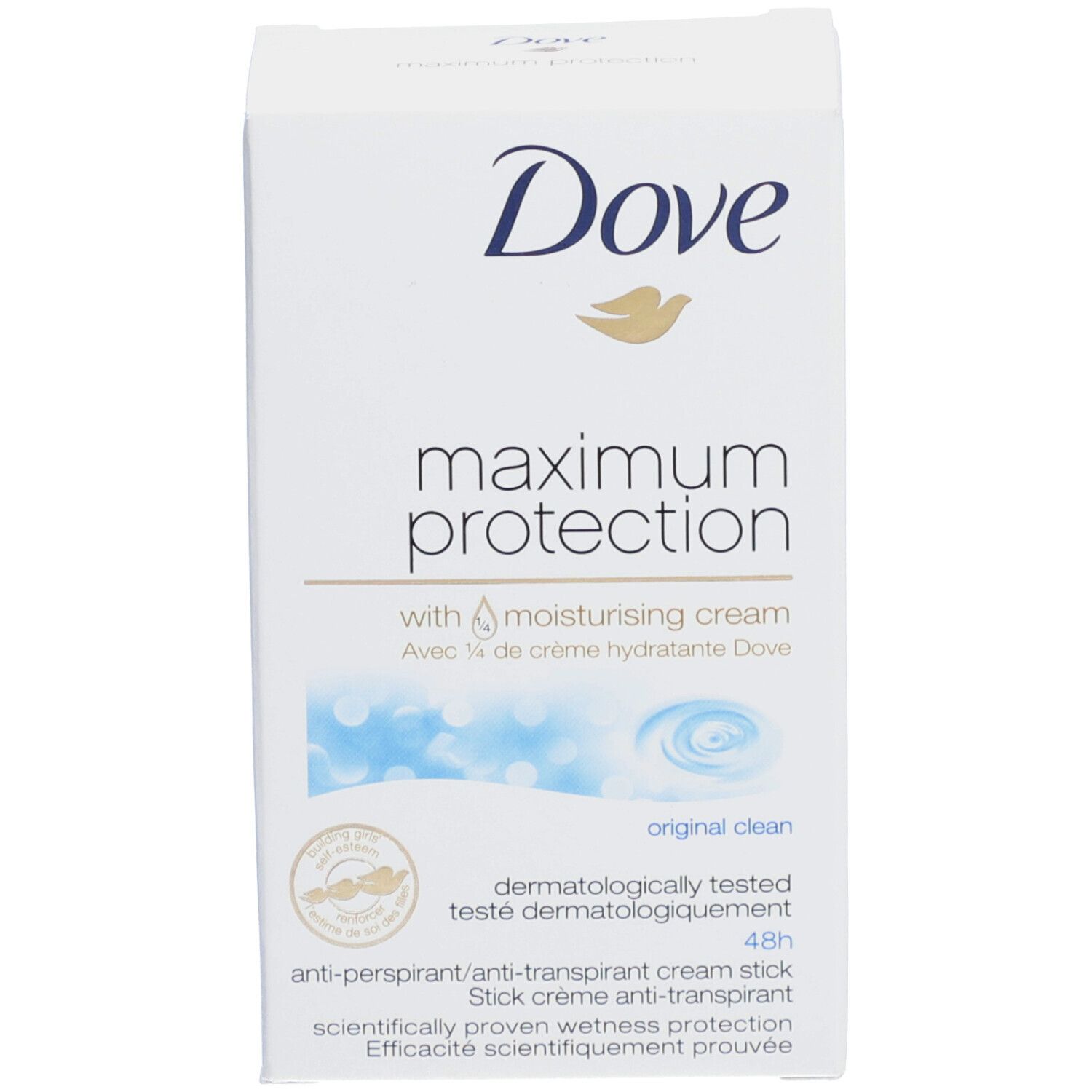 Weiße Produktverpackung. Aufschrift: Dove, maximum protection, dermatologisch getestet.