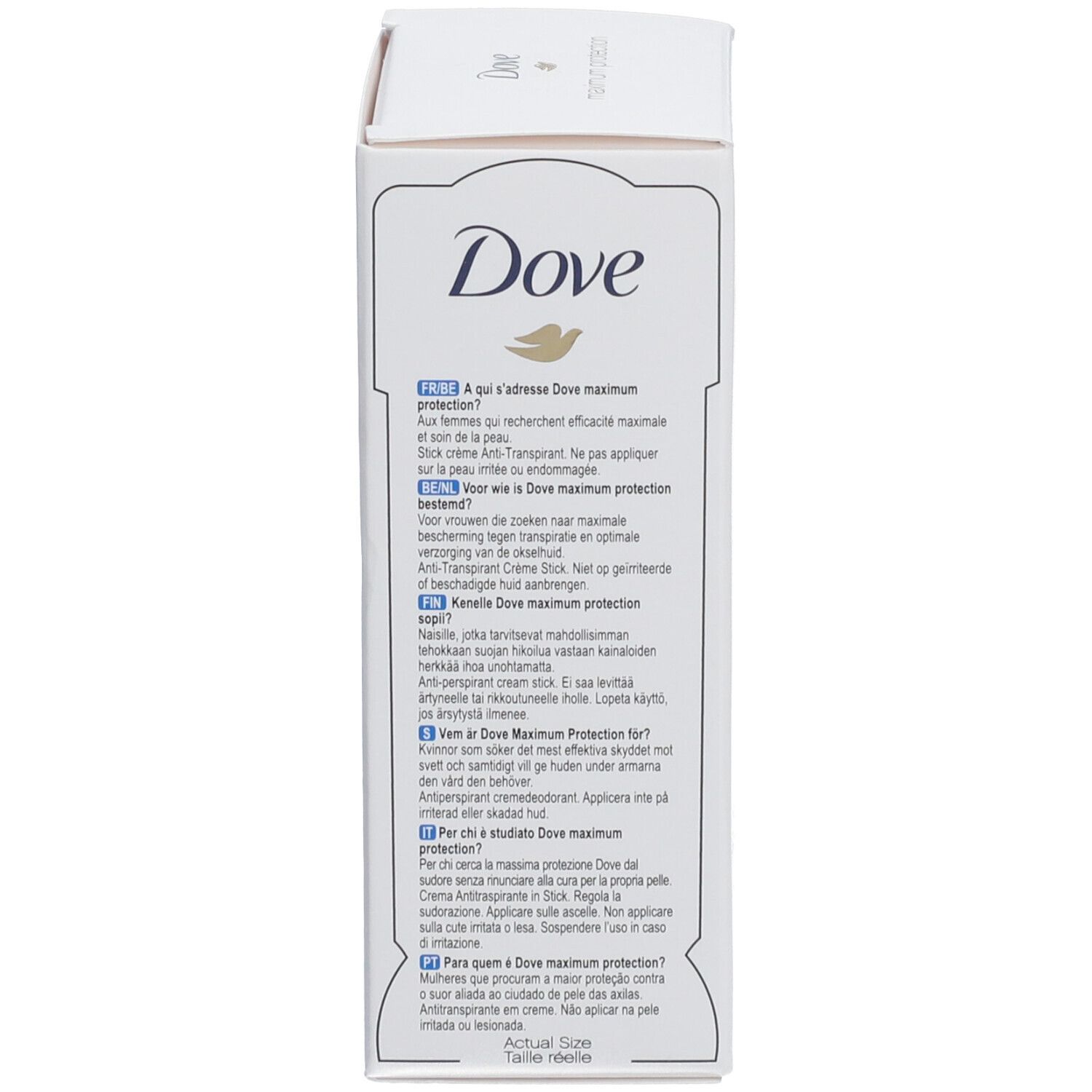 Weiße Produktverpackung. Text in mehreren Sprachen. Marke: Dove, maximum protection.
