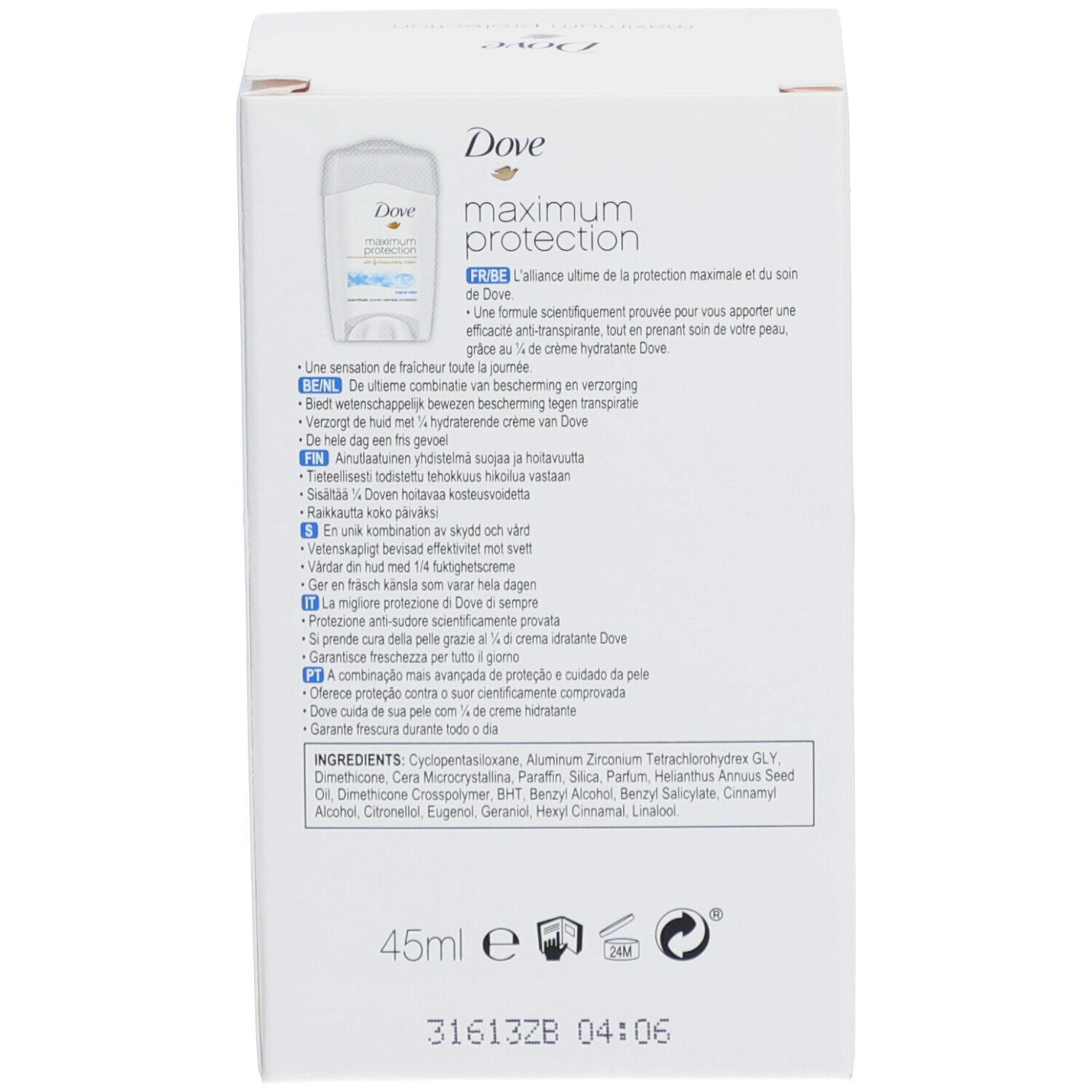 Weiße Produktverpackung. Enthält Informationen, Inhaltsstoffe und Marke: Dove.