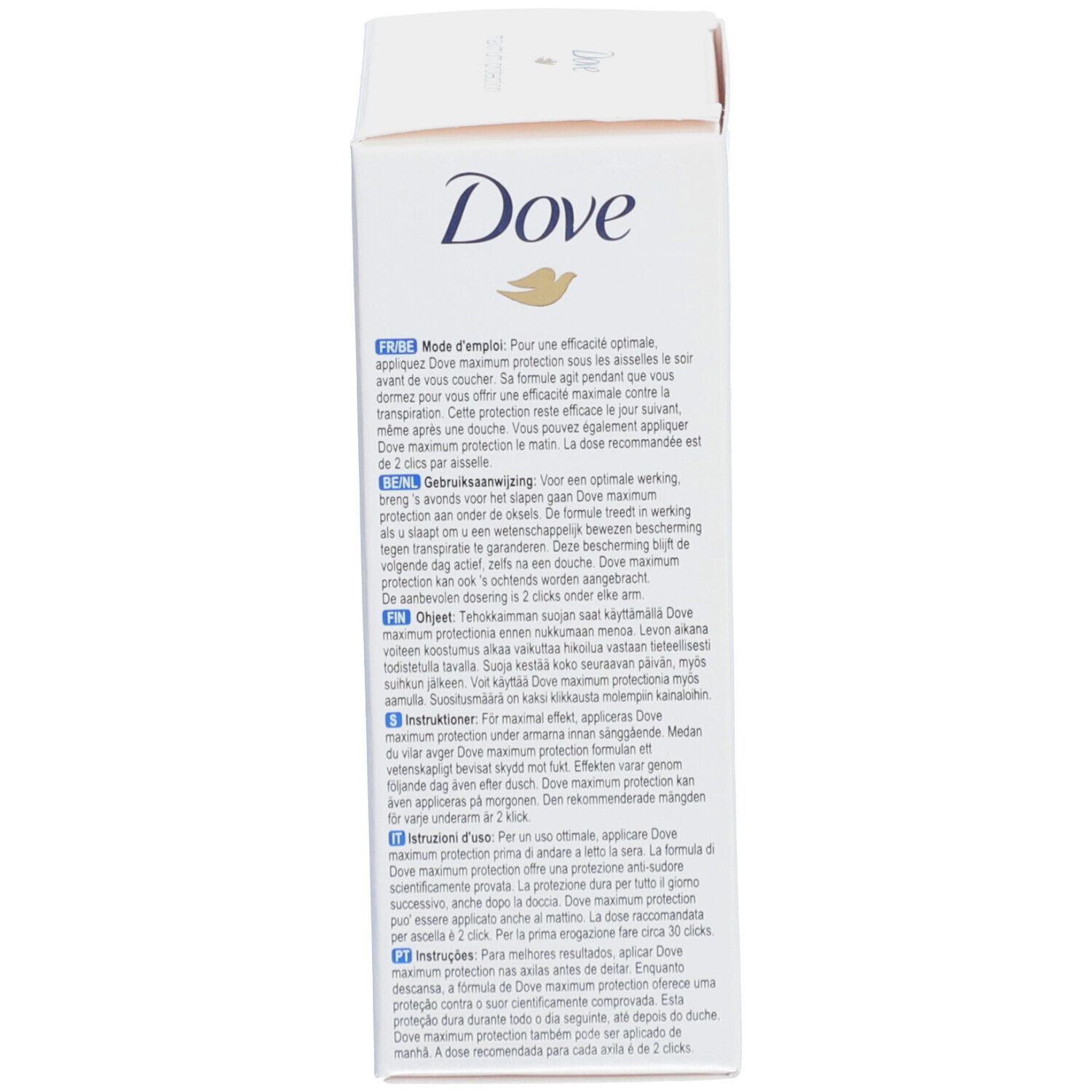 Weiße Produktverpackung. Enthält Informationen zur Anwendung. Marke: Dove.
