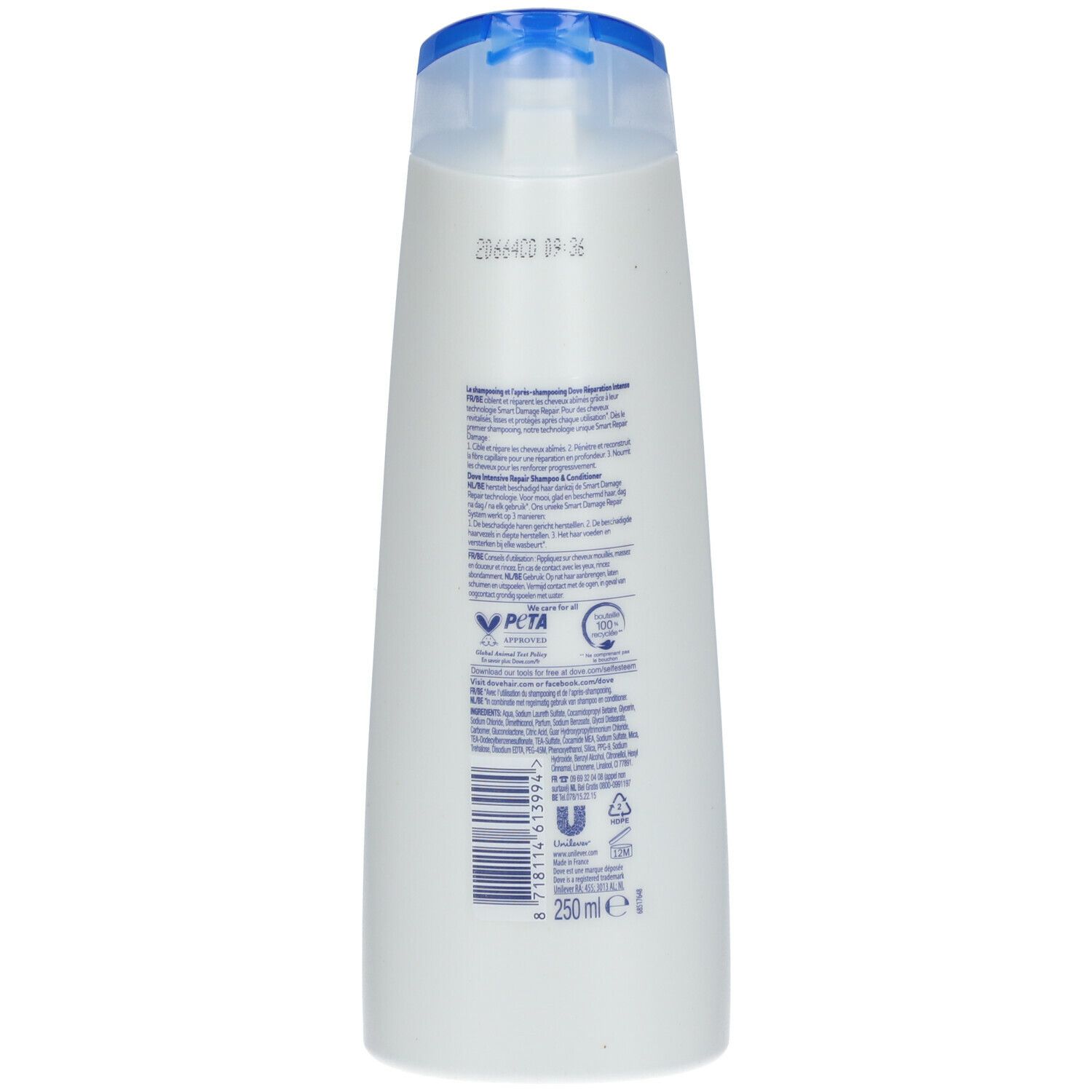 Rückseite der weißen Shampoo-Flasche. Textinformationen und Barcode. PETA-Logo.