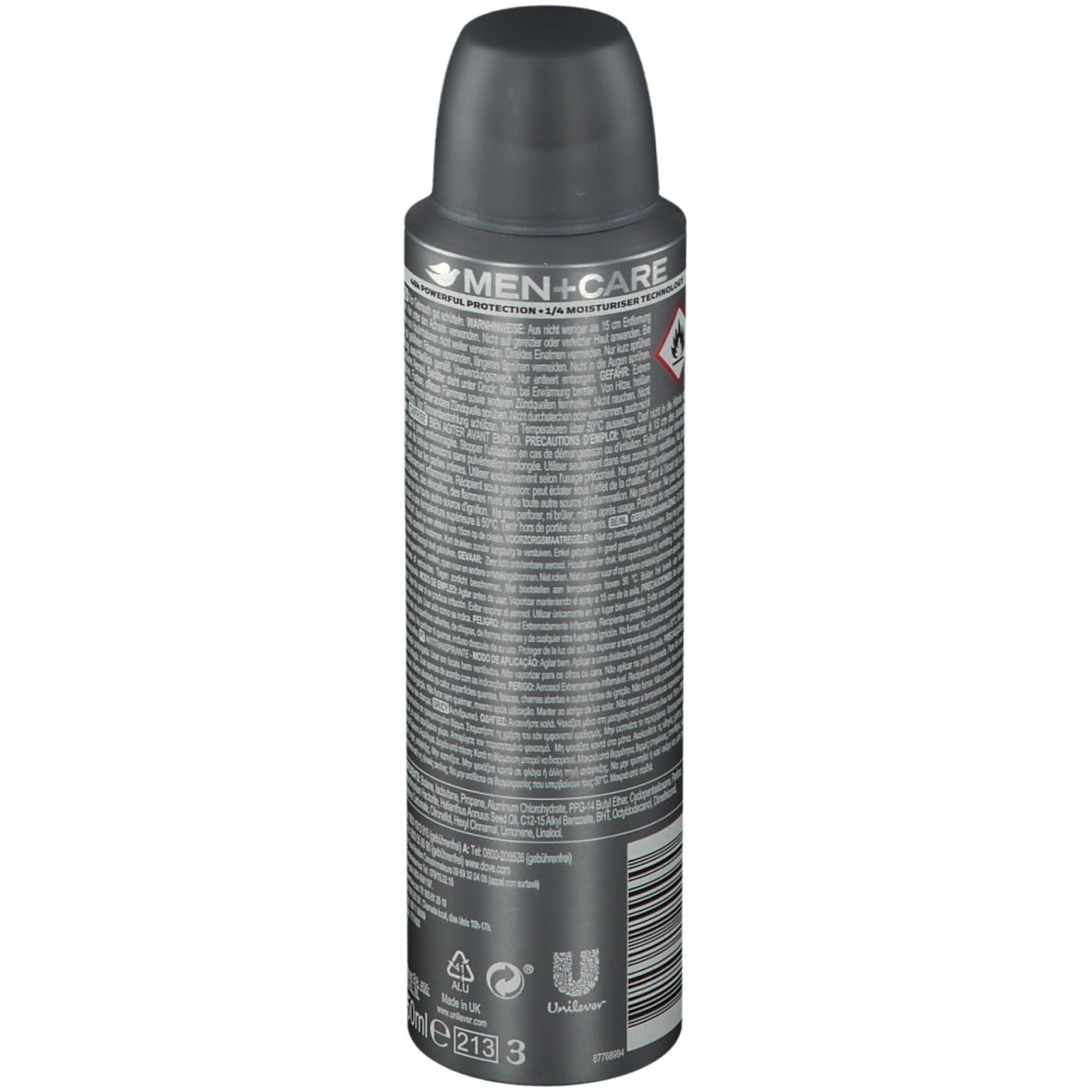 Bombe de déodorant grise et noire. Dove MEN+CARE. Dos avec texte et code-barres.