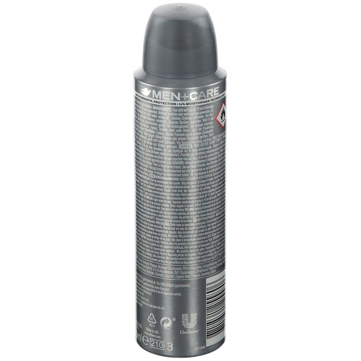 Deospray Dove MEN+CARE Sensitive Shield. Achterkant met tekst en waarschuwingen. Grijs-zilveren design.