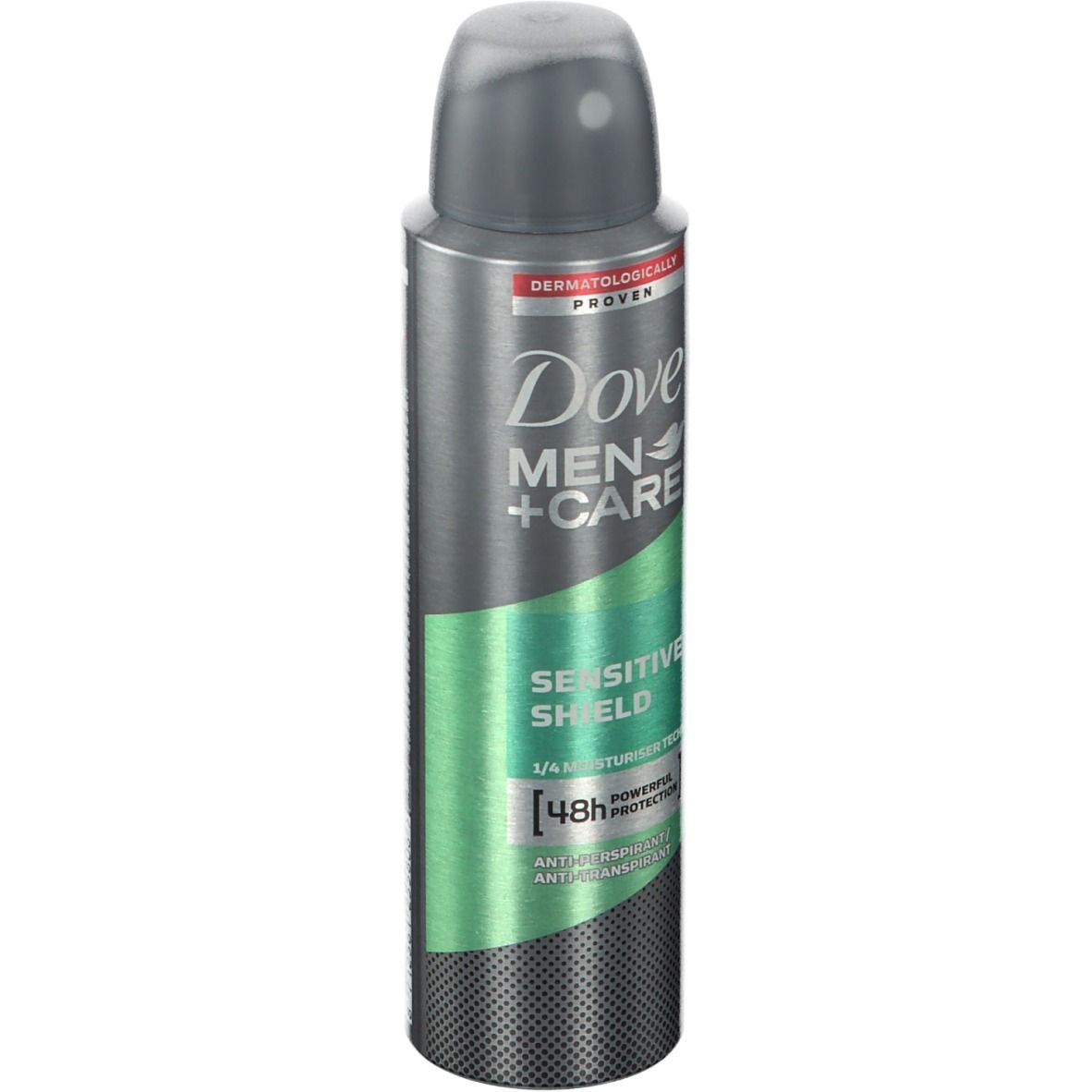 Deospray Dove MEN+CARE Sensitive Shield. Grijs-zilveren design met groene accenten. Opschrift: 48h Protection, anti-transpirant.