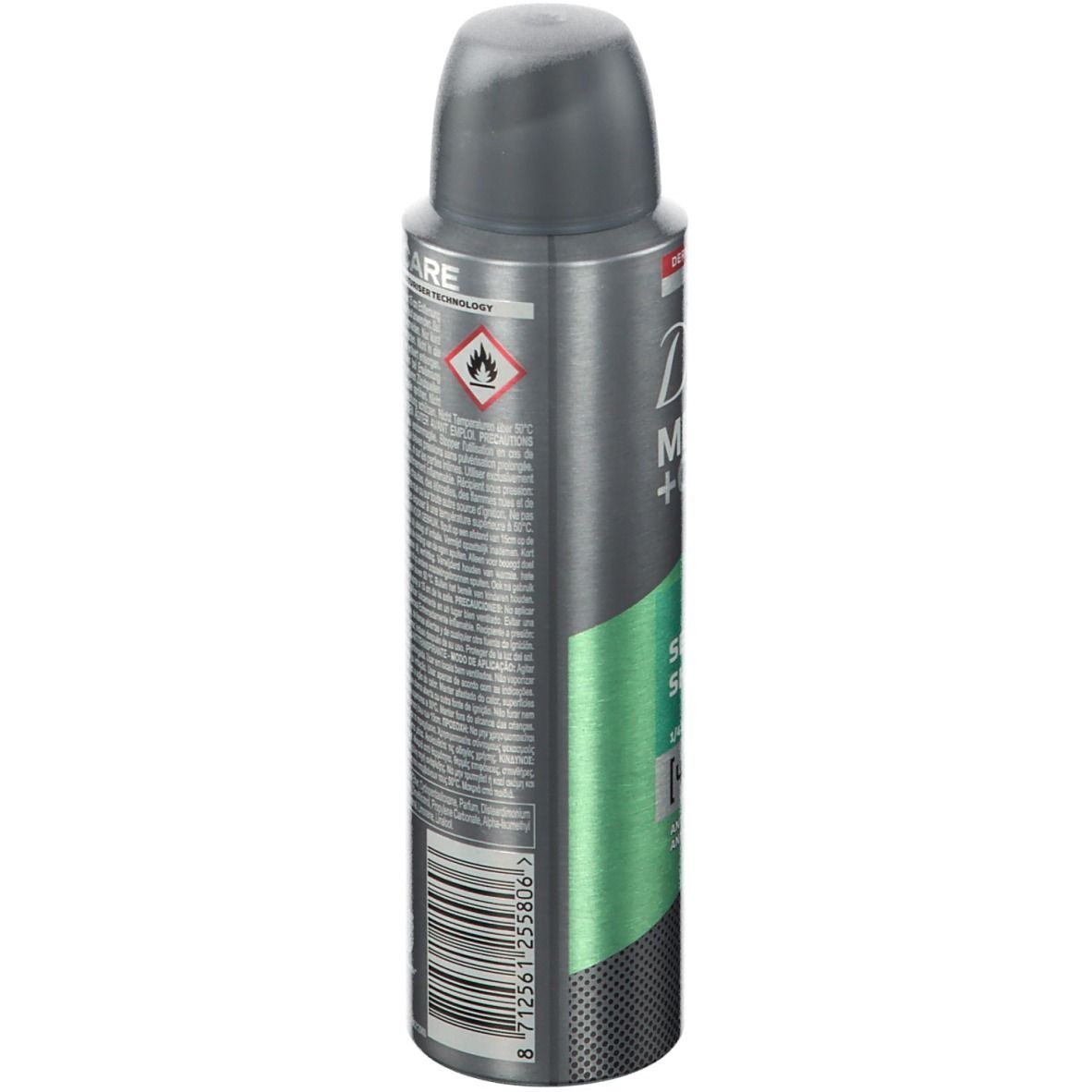 Deospray Dove MEN+CARE Sensitive Shield. Achterkant met tekst en waarschuwingen. Grijs-zilveren design.