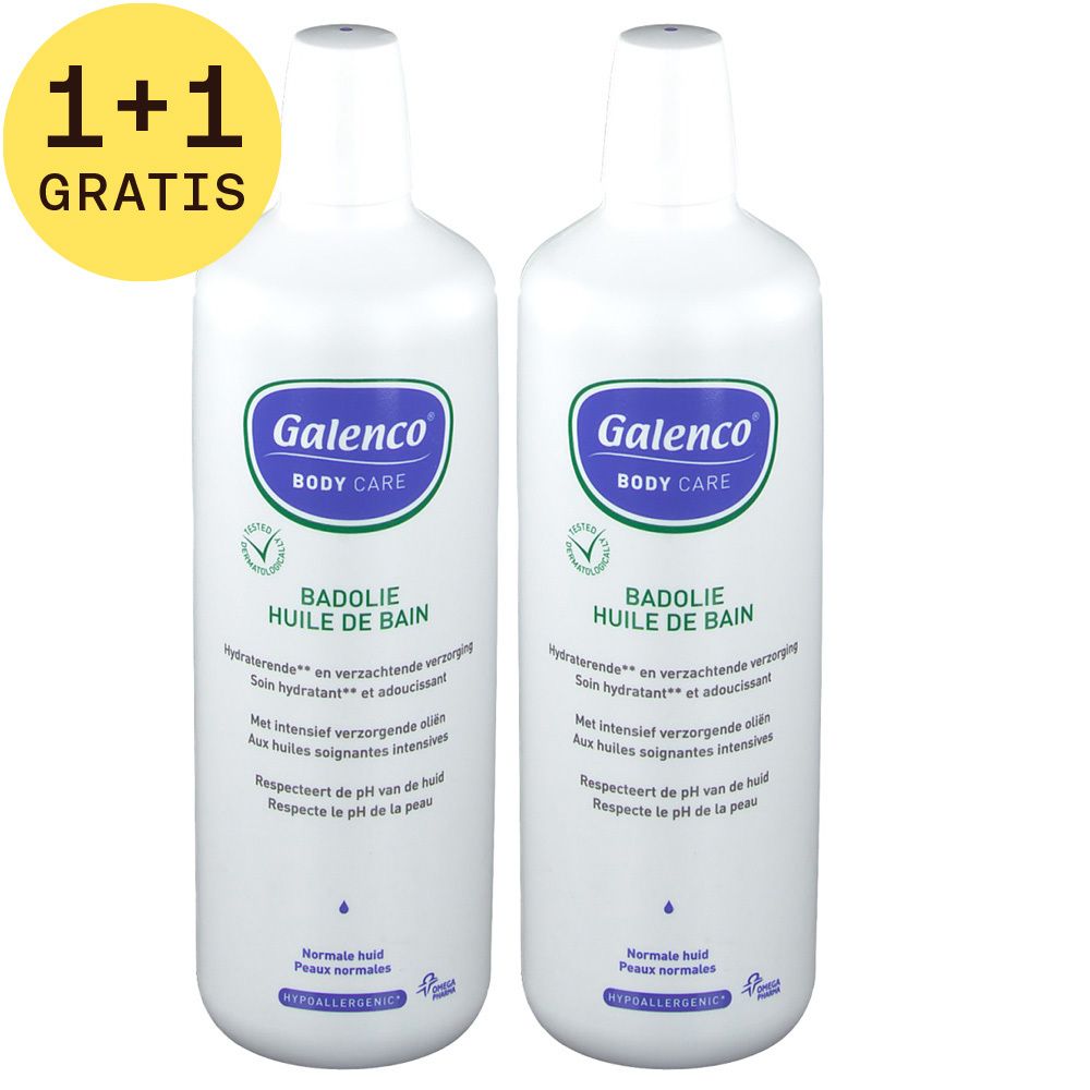 Twee witte flessen met blauw etiket. Opschrift: Galenco Body Care, Badolie. Met groene markering.