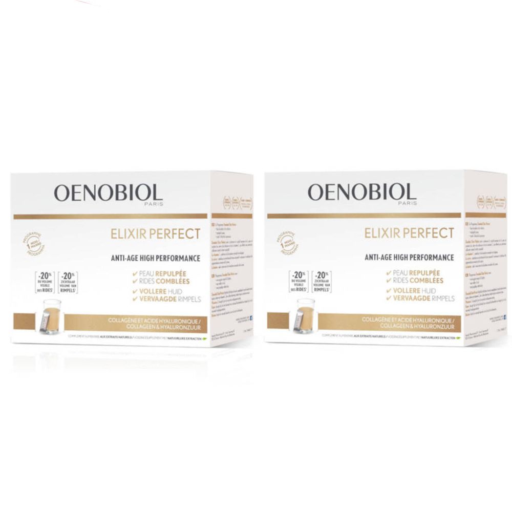 Deux boîtes OENOBIOL ELIXIR PERFECT. Inscription : Anti-Âge Haute Performance. Avec illustrations d'ampoules.