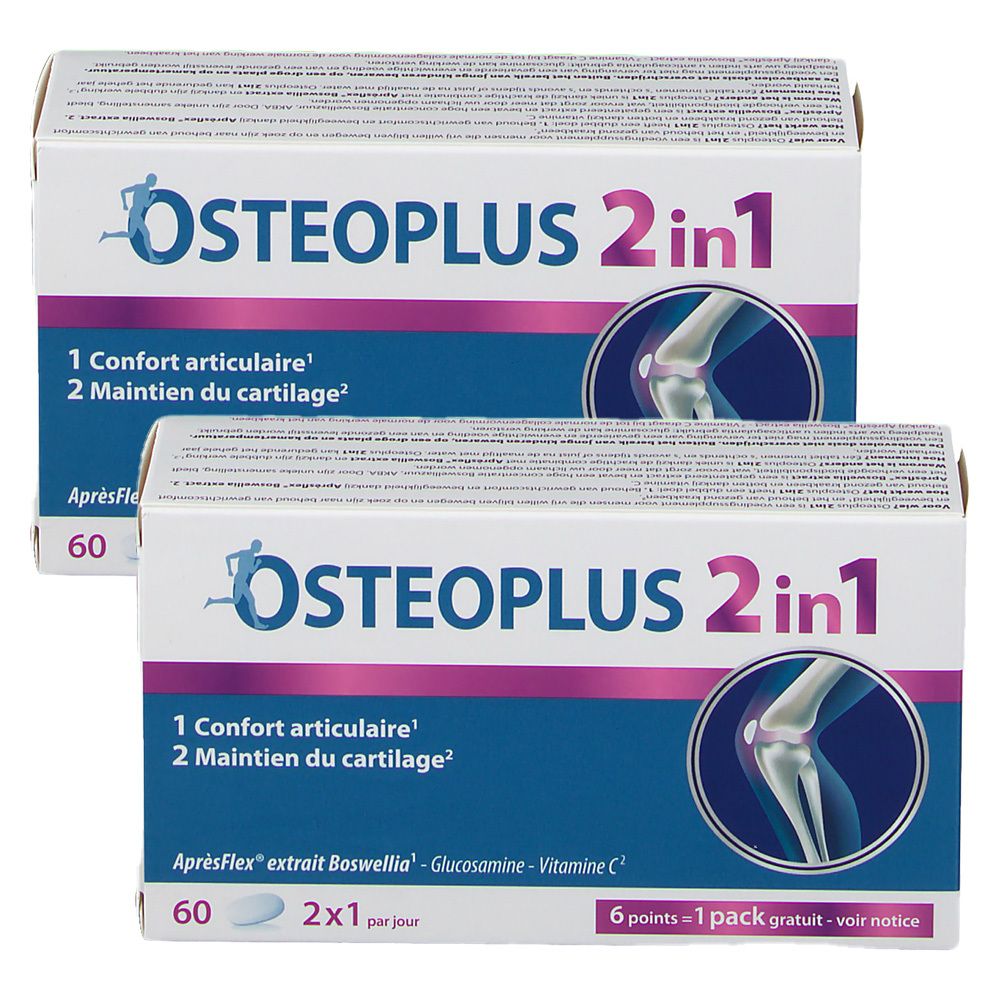 Deux boîtes de Osteoplus 2in1. Inscription: 1 Confort articulaire, 2 Maintien du cartilage. Contient 60 comprimés. Ingrédients et posologie.