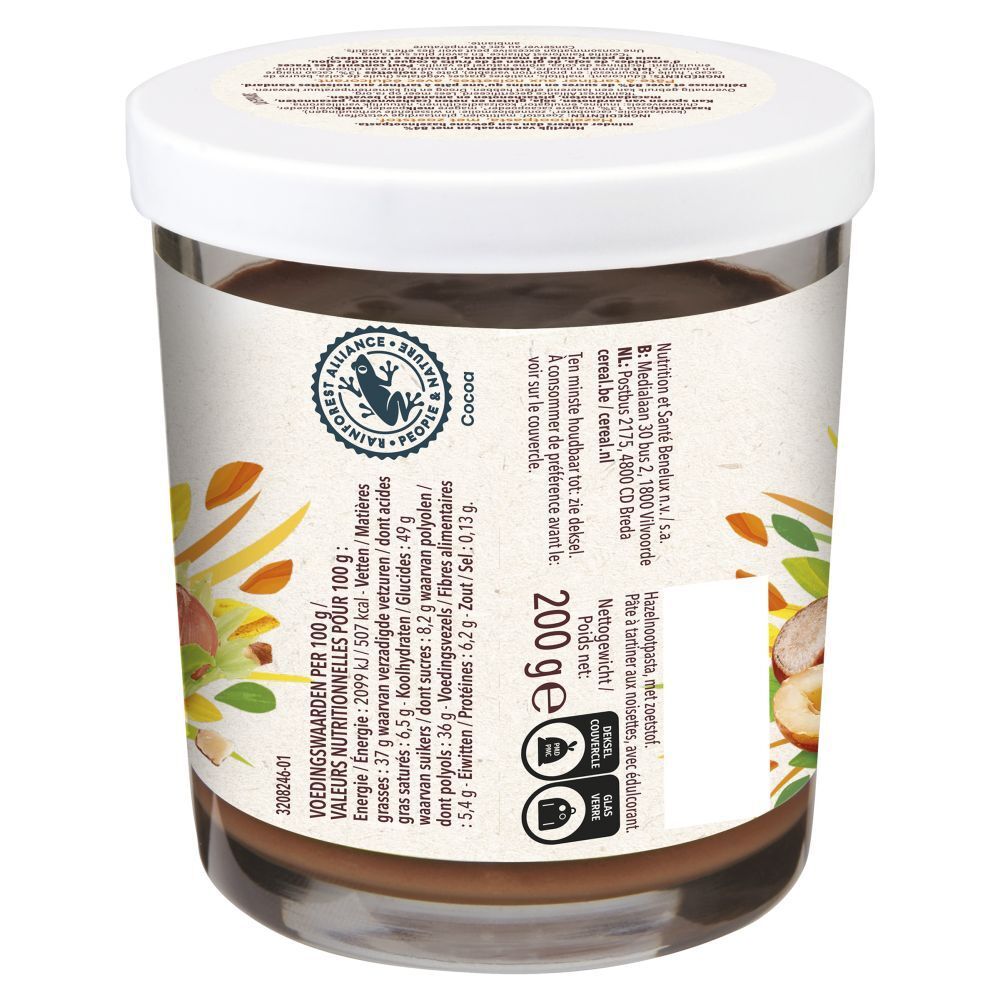 Achterkant pot Céréal hazelnootpasta. Voedingswaarden, 200g, Fair Alliance keurmerk.