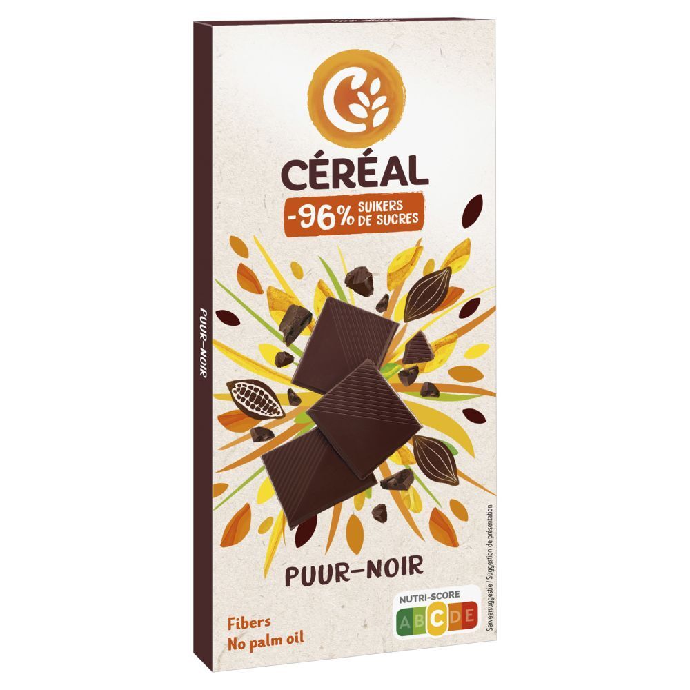 Verpakking chocoladereep. Logo en tekst Céréal, -96% de sucres, PUUR-NOIR. Met cacao- en chocoladestukjes.