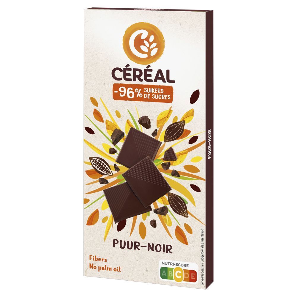 Verpakking chocoladereep. Logo en tekst Céréal, -96% de sucres, PUUR-NOIR. Met cacao- en chocoladestukjes.
