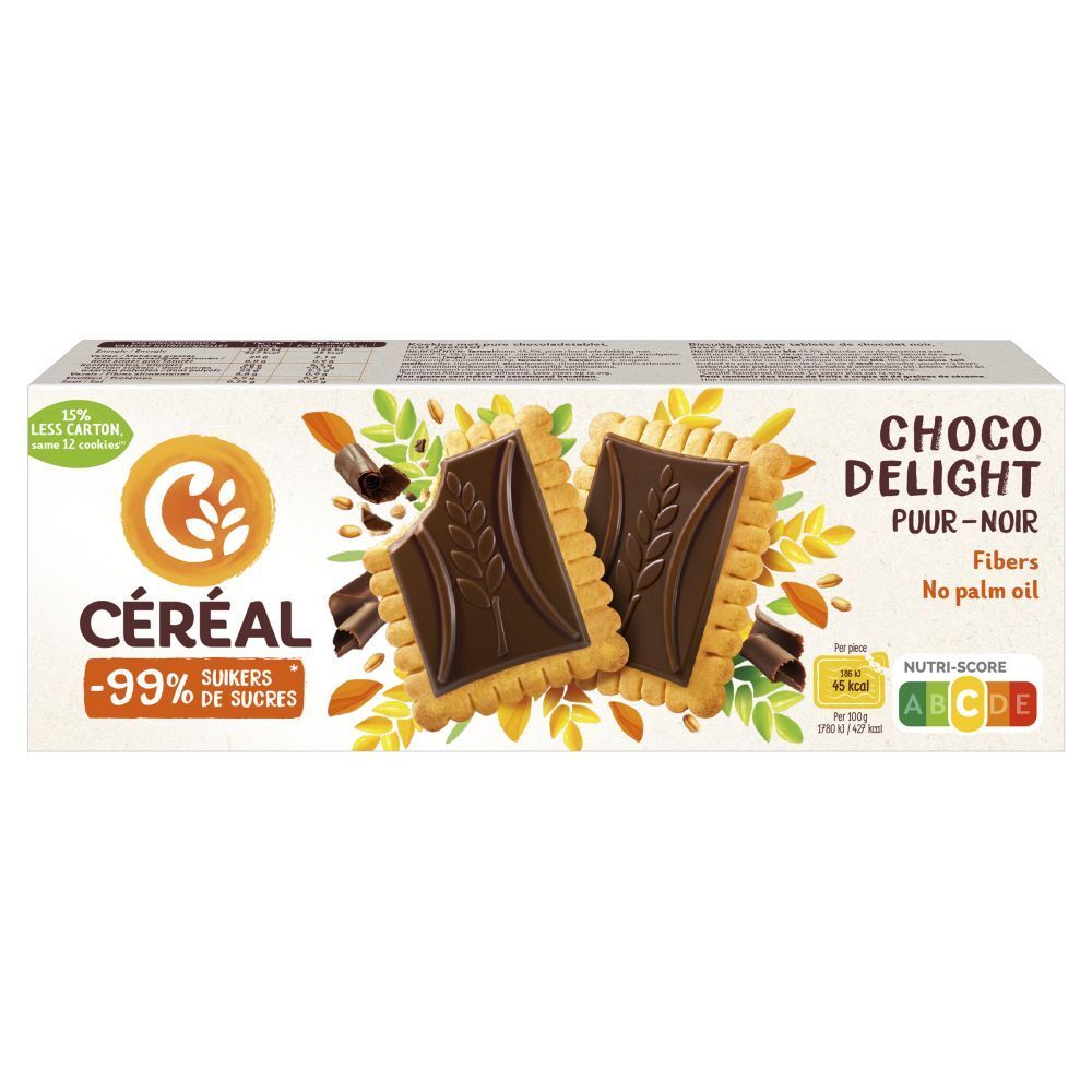 Verpakking Céréal Choco Delight koekjes, -99% suiker. Met Nutri-Score.