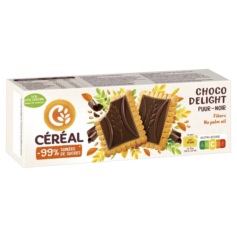 Verpakking Céréal Choco Delight koekjes, -99% suiker. Met Nutri-Score.