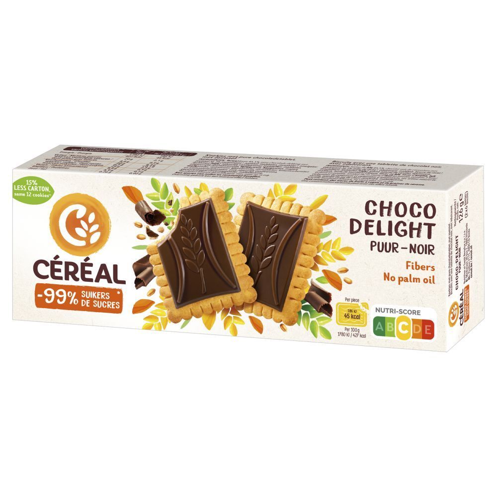 Verpakking Céréal Choco Delight koekjes, -99% suiker. Met Nutri-Score.