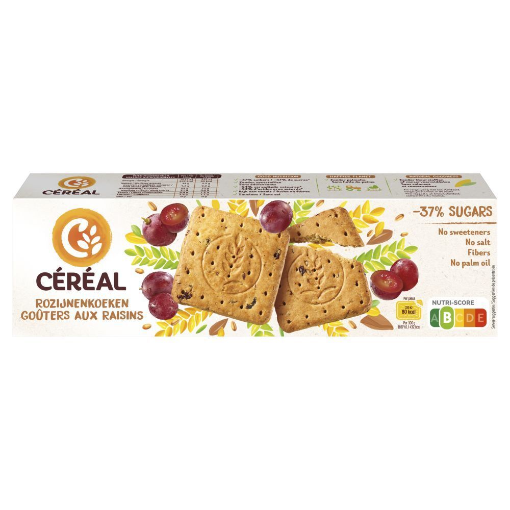 Verpakking met CÉREAL rozijnenkoeken. Opschrift: Gouters aux Raisins. Met druiven en Nutri-Score. -37% suikers.