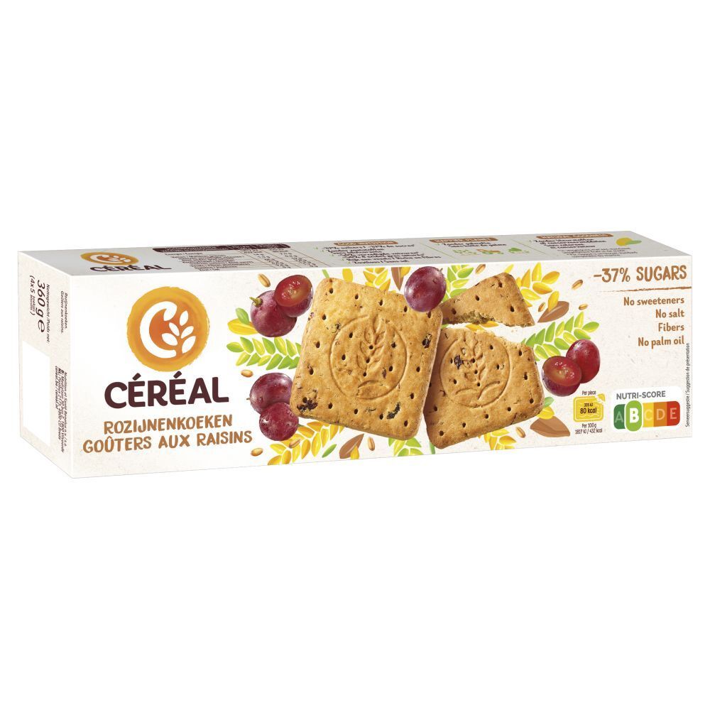 Verpakking met CÉREAL rozijnenkoeken. Opschrift: Gouters aux Raisins. Met druiven en Nutri-Score. -37% suikers.