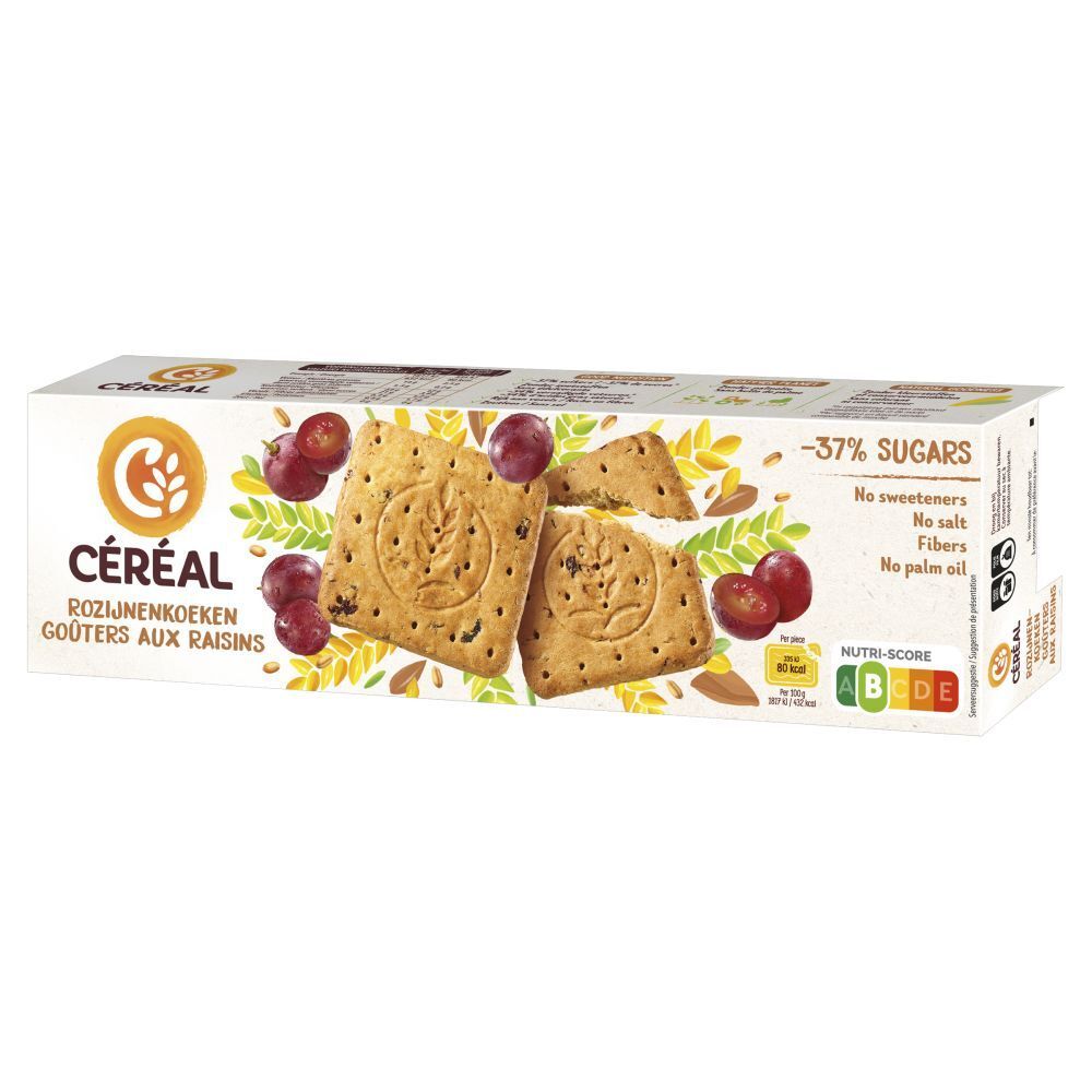 Verpakking met CÉREAL rozijnenkoeken. Opschrift: Gouters aux Raisins. Met druiven en Nutri-Score. -37% suikers.