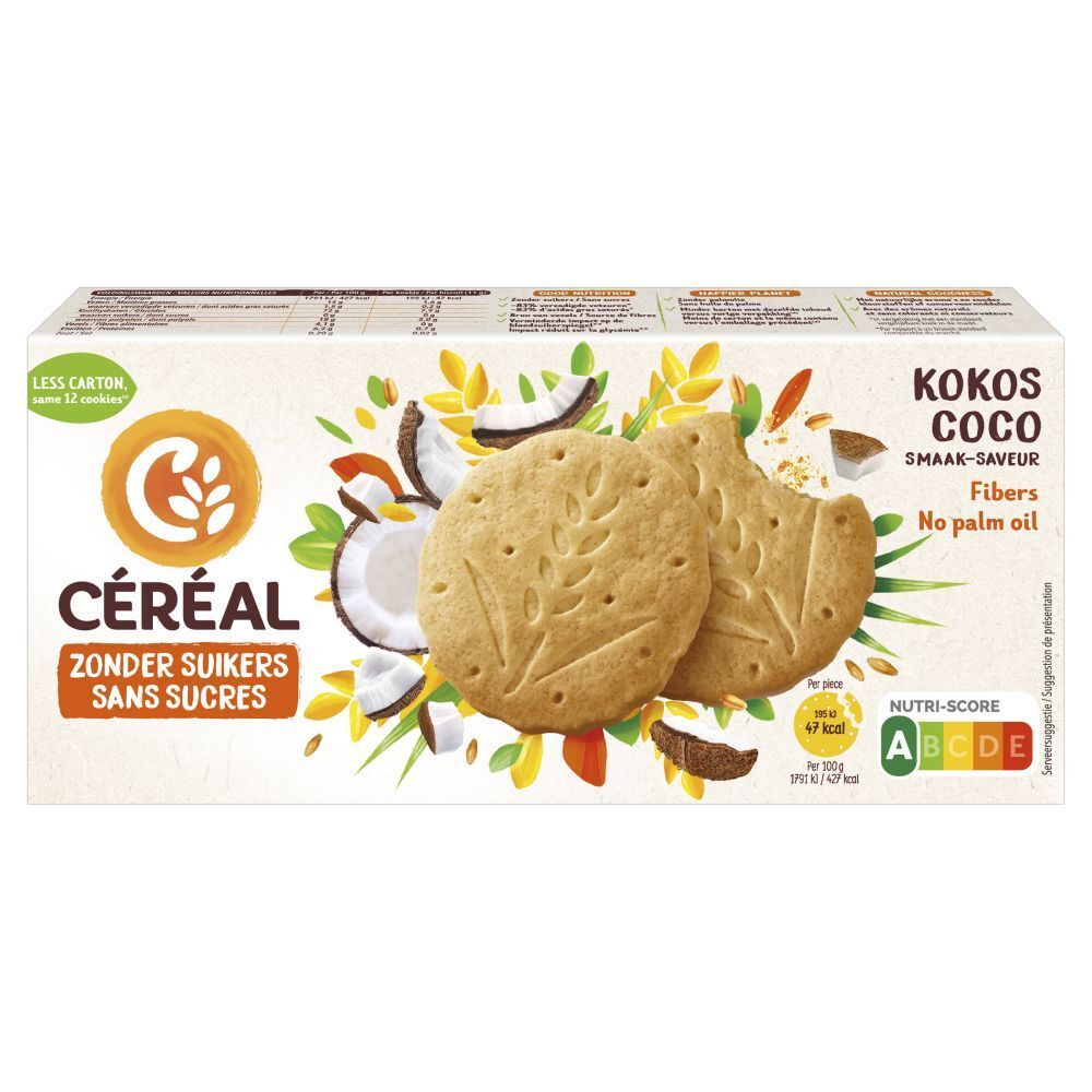 Verpakking CÉRÉAL koekjes. Opschrift: ZONDER SUIKERS, SANS SUCRES, Kokos Coco. Vezels, geen palmolie. Nutri-Score logo.