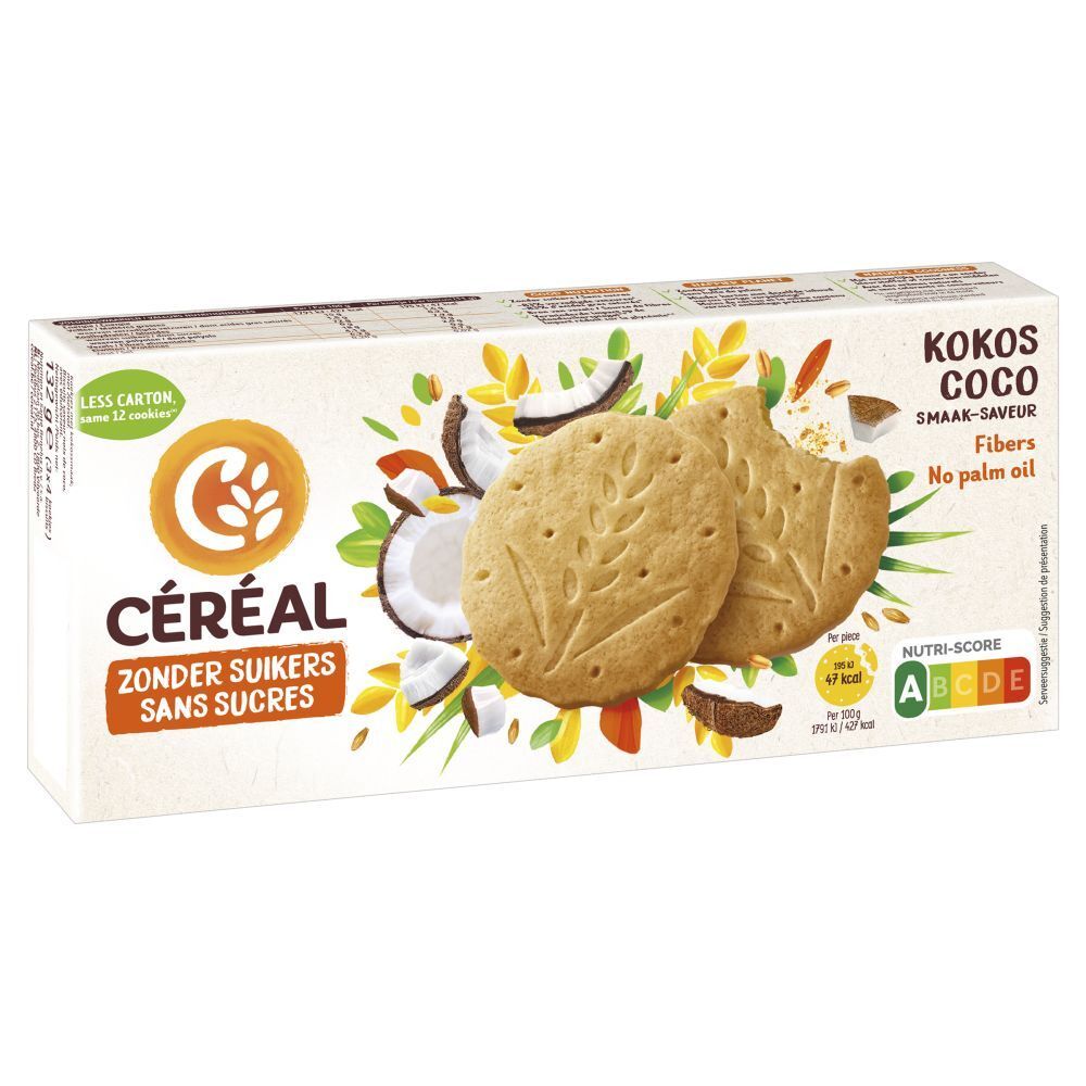 Verpakking CÉRÉAL koekjes. Opschrift: ZONDER SUIKERS, SANS SUCRES, Kokos Coco. Vezels, geen palmolie. Nutri-Score logo.